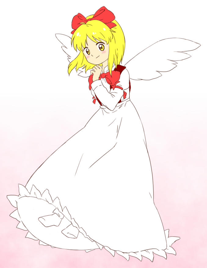 1girl blonde_hair bobby_socks bow bowtie closed_mouth dress full_body gengetsu_(touhou) gradient_background hair_bow hand_up juliet_sleeves long_sleeves nonamejd open_clothes open_vest parted_bangs puffy_sleeves red_bow red_bowtie red_vest short_hair smile socks solo touhou touhou_(pc-98) vest white_dress white_socks white_wings wings yellow_eyes