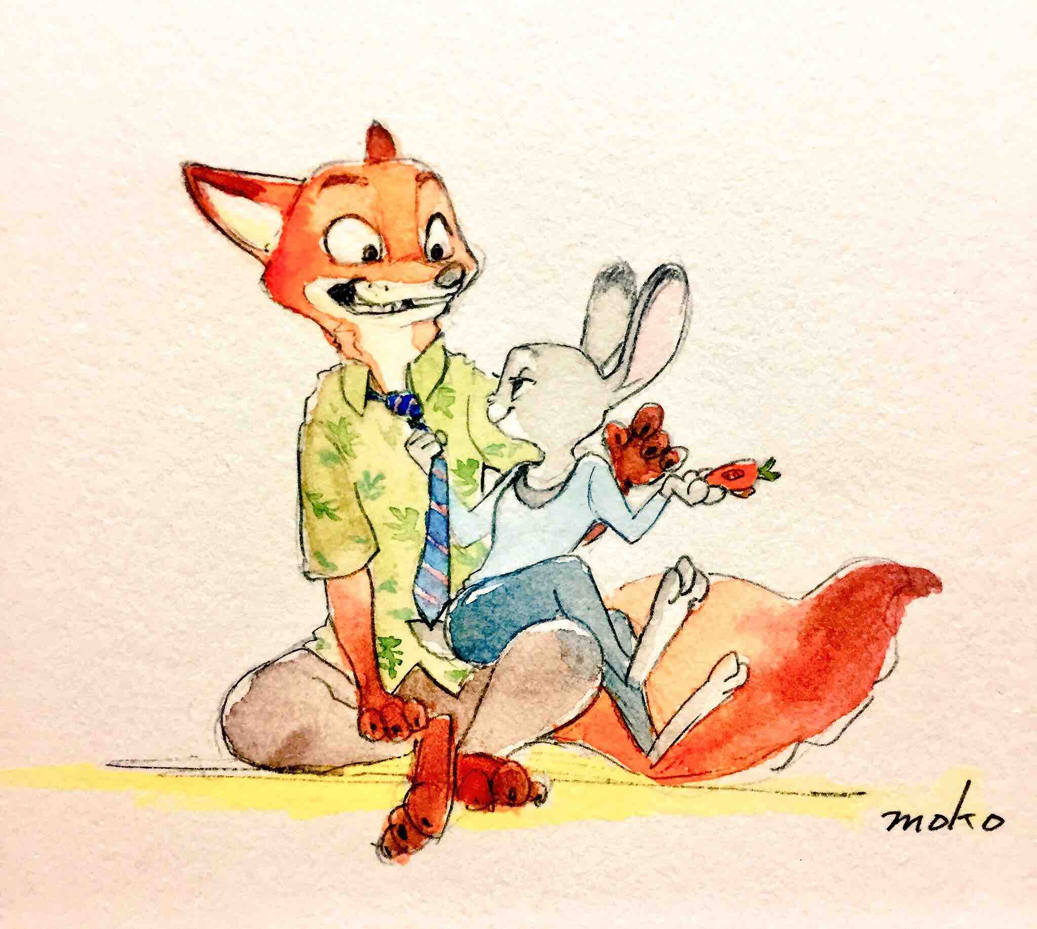 anthro bottomwear canid canine clothed clothing disney duo fox fully_clothed grin hi_res judy_hopps lagomorph leporid looking_at_another mammal monmokamoko necktie nick_wilde on_lap pants rabbit red_fox shirt simple_background sitting_on_lap smile topwear white_background zootopia