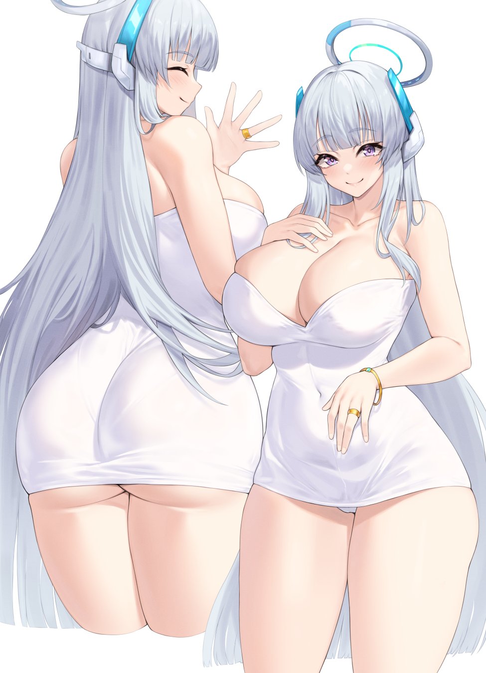 1girl ass bare_shoulders blue_archive blunt_bangs breasts cameltoe closed_eyes closed_mouth collarbone commentary covered_navel cropped_legs dress from_behind grey_hair halo hand_on_own_chest headgear highres jewelry kuavera light_smile long_hair looking_at_viewer multiple_views noa_(blue_archive) profile purple_eyes ring simple_background thick_thighs thighs underbutt wedding_ring white_dress