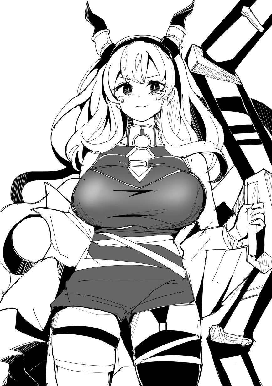 1girl arknights black_shirt blush bow_(weapon) breasts cleavage_cutout closed_mouth clothing_cutout fake_horns garter_straps greyscale hatching_(texture) heka=ton highres holding holding_bow_(weapon) holding_weapon horn_hairband horns huge_breasts jacket legs_apart linear_hatching long_bangs long_hair monochrome no_pants o-ring off_shoulder open_clothes open_jacket shirt sidelocks single_thighhigh smirk solo straight-on thick_thighs thigh_strap thighhighs thighs typhon_(arknights) v-shaped_eyebrows weapon