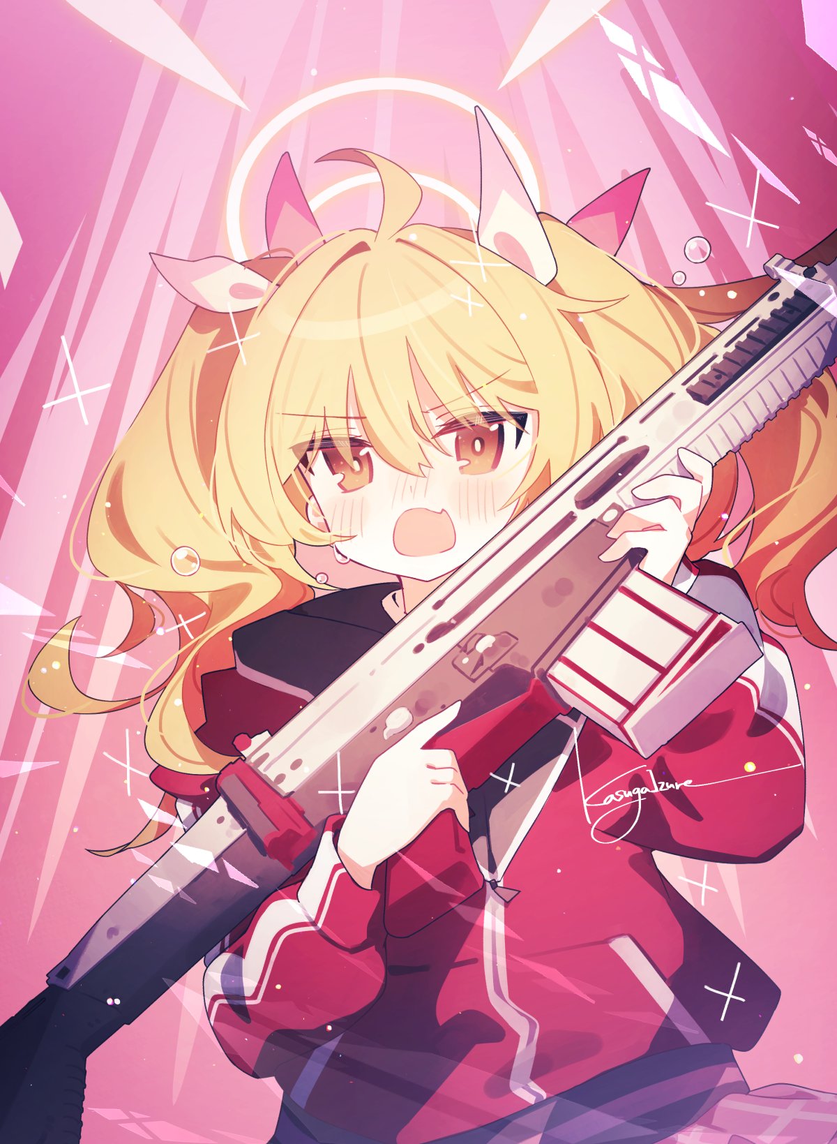 1girl ahoge blonde_hair blue_archive blush gun hair_between_eyes halo highres holding holding_gun holding_weapon jacket kasuga_haruhi long_hair long_sleeves looking_at_viewer open_mouth red_jacket signature solo twintails weapon yellow_eyes yellow_halo yoshimi_(blue_archive)