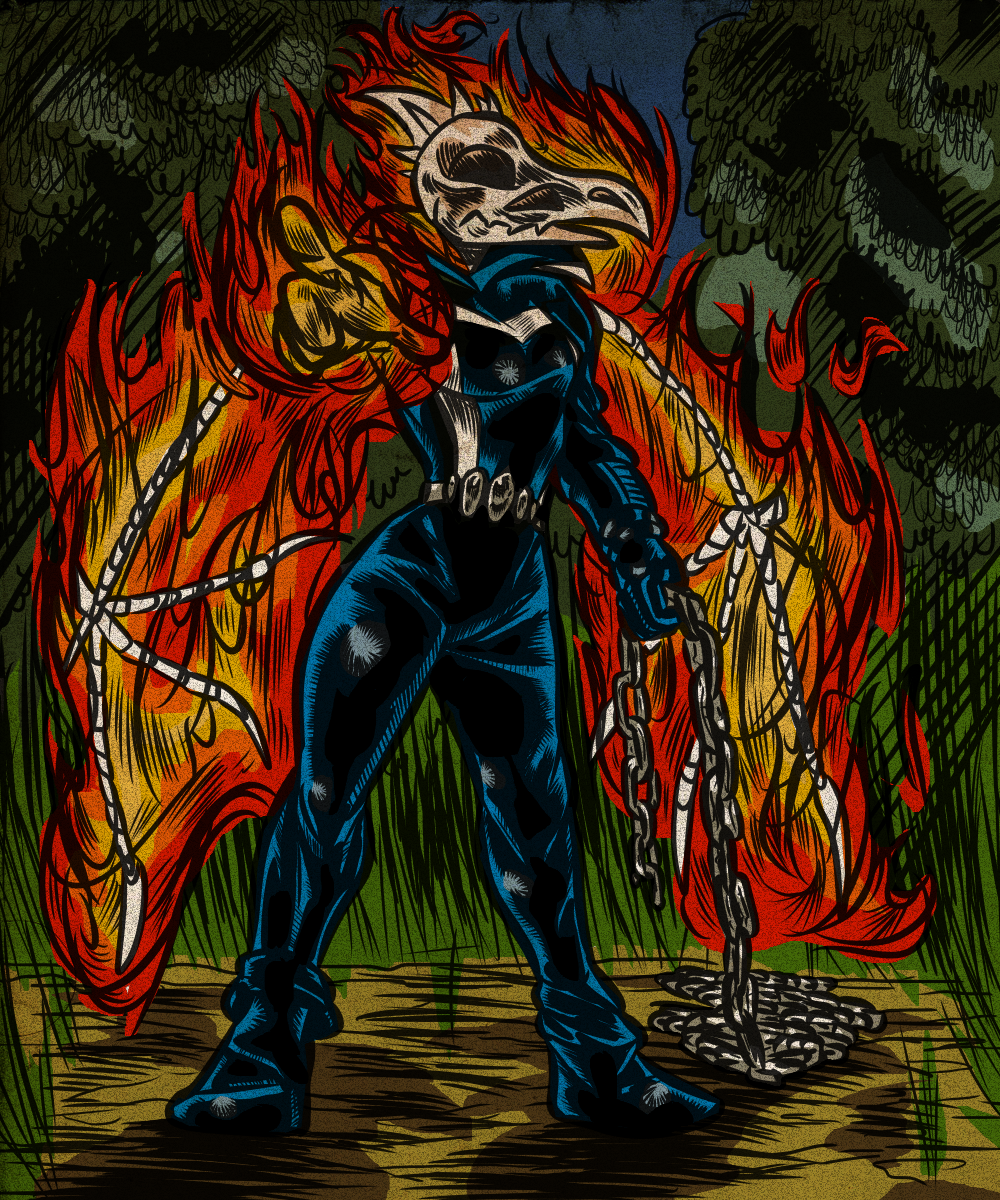 2024 5_fingers animated_skeleton anthro banco bodysuit bone bone_wings chain clothing cosplay crossover crossover_cosplay detailed_background digital_drawing_(artwork) digital_media_(artwork) dinosaur fang_(gvh) female fingers fire gesture ghost_rider goodbye_volcano_high hi_res marvel outside pointing pointing_at_viewer pterodactylus pterosaur reptile scalie skeleton skinsuit skull solo tight_clothing undead wings