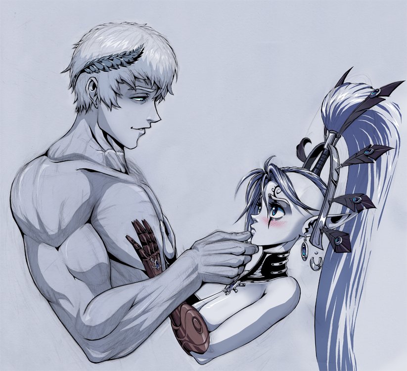 1boy 1girl blue_eyes blush breasts earrings eldar facial_mark hand_on_another's_chin hetero high_ponytail jewelry large_breasts laurel_crown lewdanon muscular muscular_male nude pointy_ears roboute_guilliman third-party_source warhammer_40k yvraine