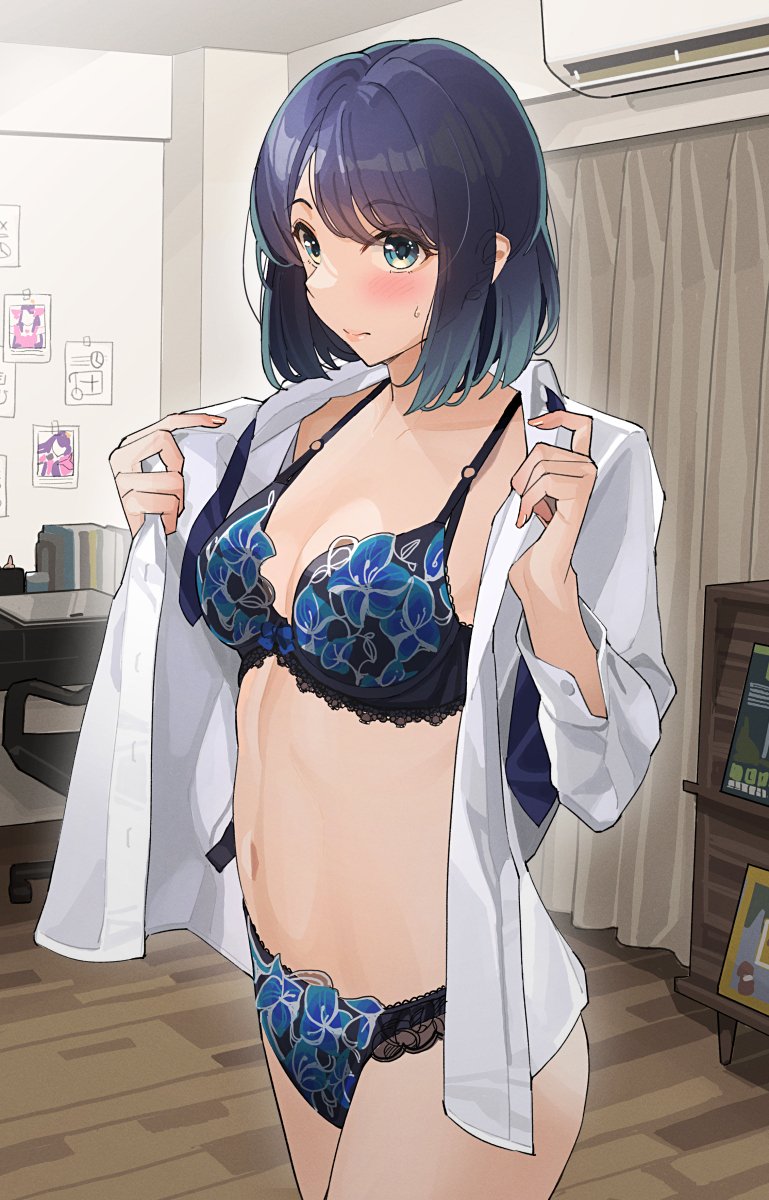 1girl air_conditioner black_bra black_panties blue_eyes blue_hair blue_necktie blush bra breasts chair closed_mouth commentary_request curtains desk dress_shirt fingernails floral_print gradient_hair green_hair highres indoors kurokawa_akane lace-trimmed_bra lace-trimmed_panties lace_trim long_fingernails long_sleeves medium_breasts medium_hair multicolored_hair navel necktie no_pants office_chair open_clothes open_shirt opened_by_self oshi_no_ko panties photo_(object) shirt solo stomach sweatdrop swept_bangs swivel_chair tipii underwear undone_necktie white_shirt wooden_floor