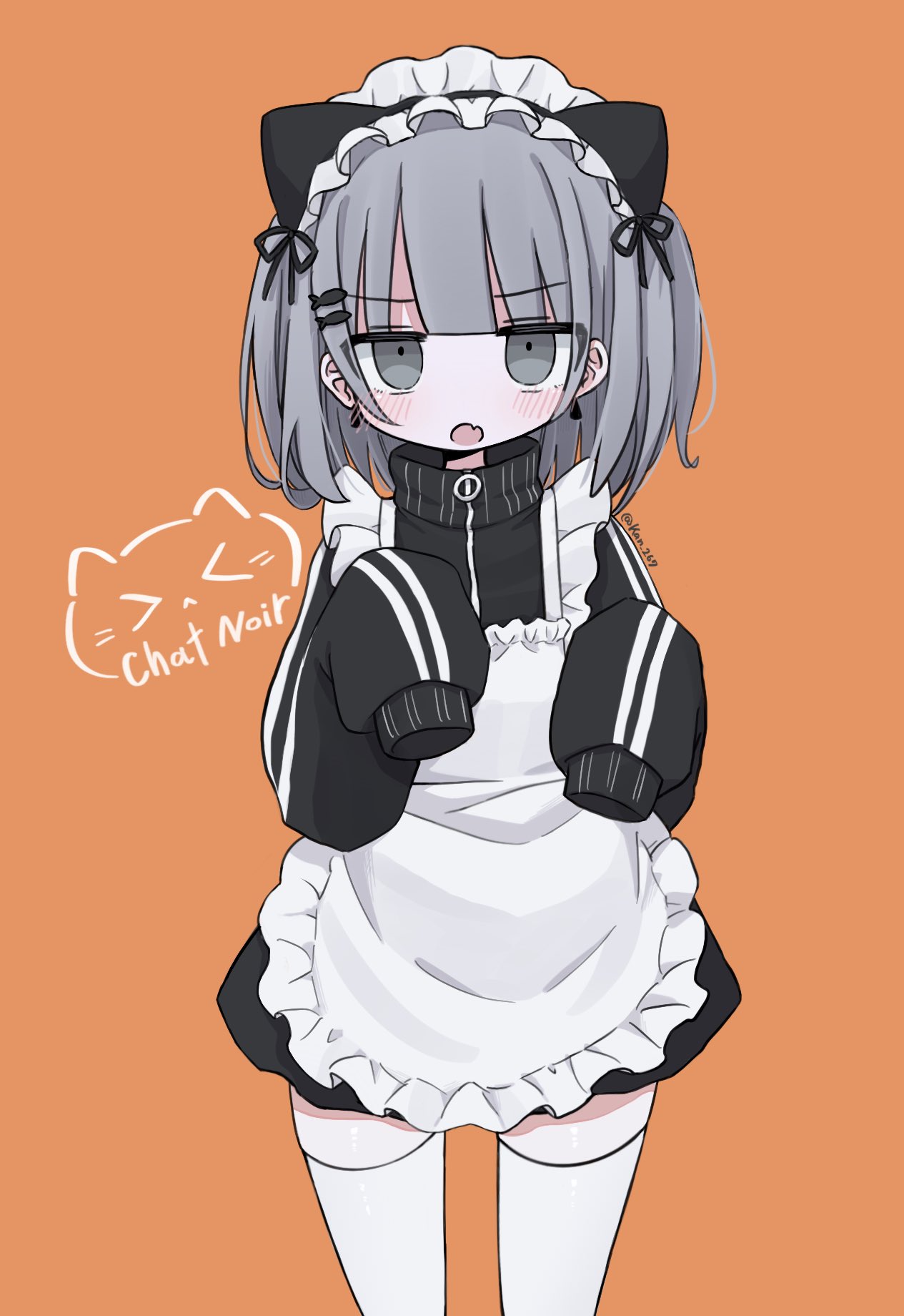 1girl animal_ears apron black_jacket black_skirt blush cat_ears cowboy_shot double_vertical_stripe earrings fake_animal_ears fang fish_hair_ornament frilled_apron frills grey_eyes grey_hair hair_ornament hairclip highres jacket jersey_maid jewelry jitome kanikan long_sleeves looking_at_viewer maid maid_apron maid_headdress medium_hair miniskirt open_mouth orange_background original simple_background skin_fang skirt sleeves_past_fingers sleeves_past_wrists solo standing straight-on thighhighs track_jacket unconventional_maid white_apron white_thighhighs zettai_ryouiki zipper_pull_tab