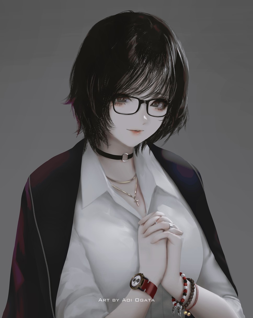 1girl aoi_ogata artist_name black-framed_eyewear black_choker black_eyes black_hair black_jacket bracelet choker clip_studio_paint_(medium) closed_mouth collared_shirt commentary commission dress_shirt english_commentary glasses grey_background highres interlocked_fingers jacket jacket_on_shoulders jewelry looking_at_viewer o-ring o-ring_choker original own_hands_clasped own_hands_together shirt simple_background smile solo upper_body watch white_shirt wristwatch