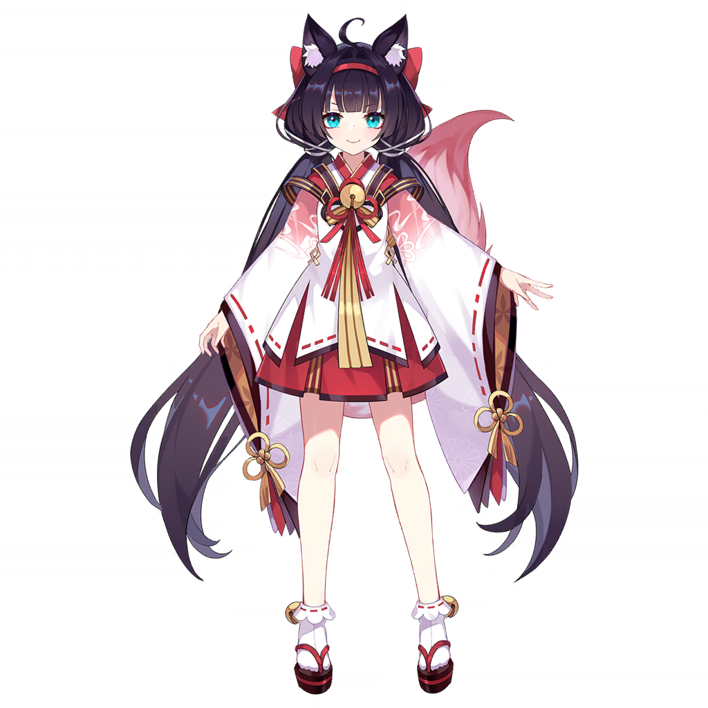 1girl ahoge animal_ears ankle_bell bell benghuai_xueyuan black_hair blue_eyes fox_ears fox_girl fox_tail full_body hairband honkai_(series) japanese_clothes long_hair miko official_art sandals shion_(benghuai_xueyuan) smile solo tabi tail third-party_source transparent_background wide_sleeves