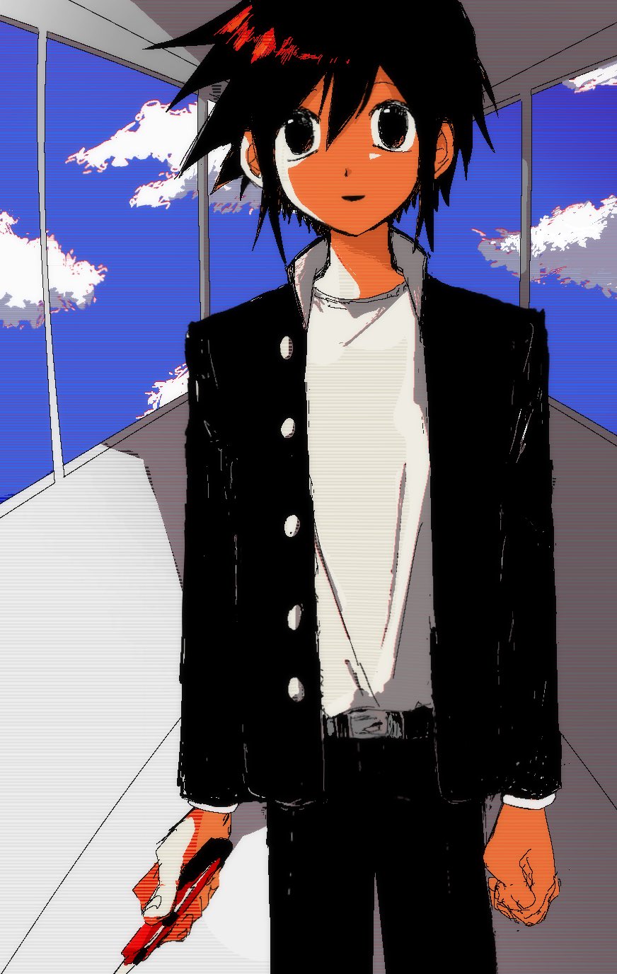 1boy arms_at_sides belt black_belt black_eyes black_hair black_jacket black_pants blue_sky boxcutter clenched_hand cloud gakuran hallway high_collar highres holding_boxcutter indoors jacket jaggy_lines looking_at_viewer male_focus nen_(nencha_888) open_clothes open_jacket open_mouth pants randal's_friends scanlines school_uniform shirt shirt_tucked_in short_hair sky smile solo surreal tsukada_satoru vanishing_point white_shirt window
