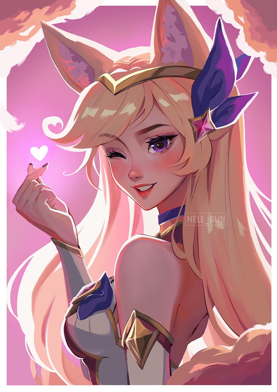 1girl ;d ahri_(league_of_legends) animal_ears artist_name bare_shoulders blonde_hair blush breasts finger_heart fox_ears fox_girl grin heart hele_bun highres league_of_legends long_hair medium_breasts one_eye_closed pink_background purple_eyes smile solo star_guardian_ahri teeth