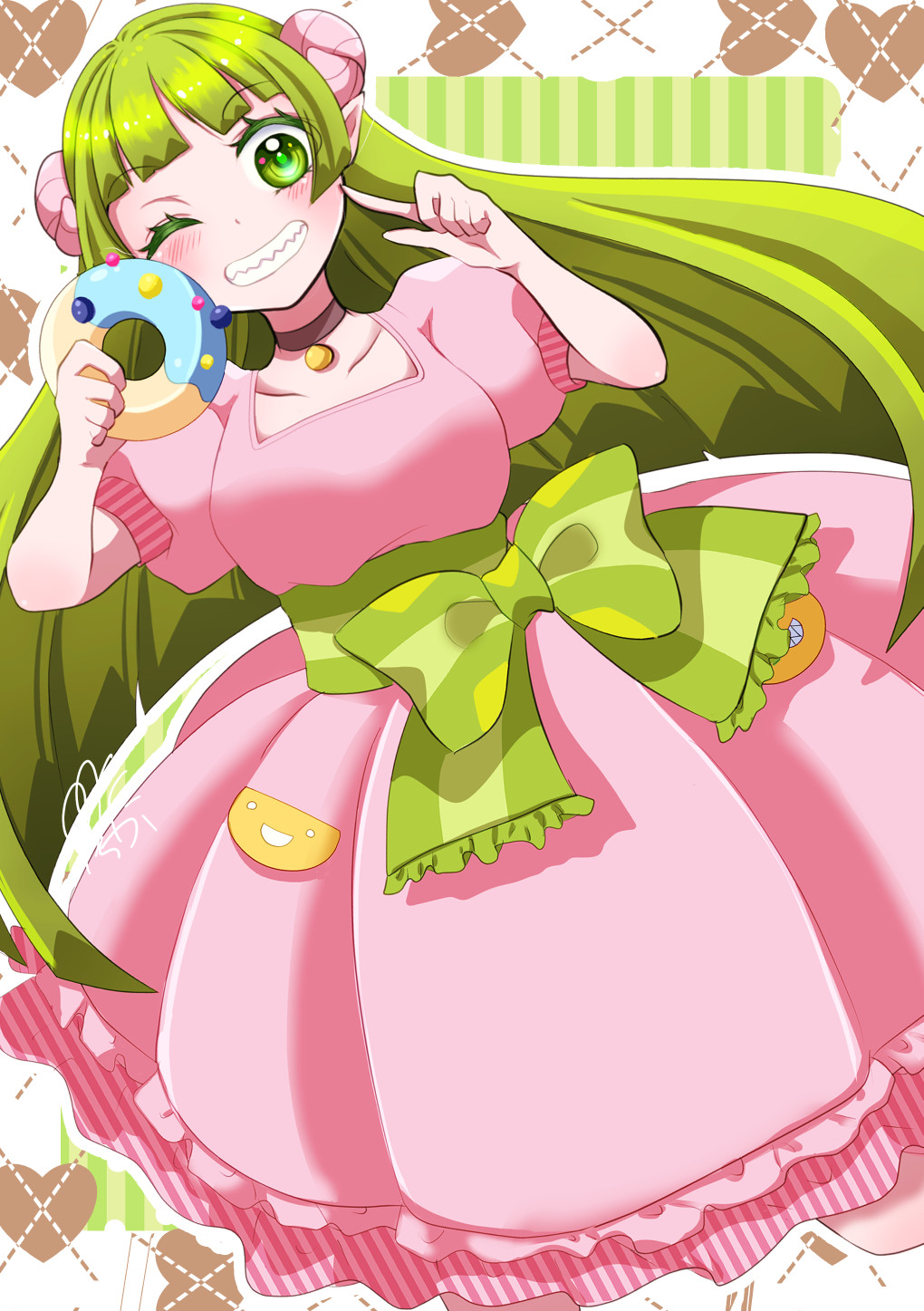 1girl blush bow choker demon_girl doughnut dress food green_bow green_eyes green_hair hands_up highres holding holding_food horns ichika392 long_hair looking_at_viewer mairimashita!_iruma-kun pink_dress pocket pointy_ears puffy_short_sleeves puffy_sleeves sharp_teeth short_sleeves smile solo teeth valac_clara