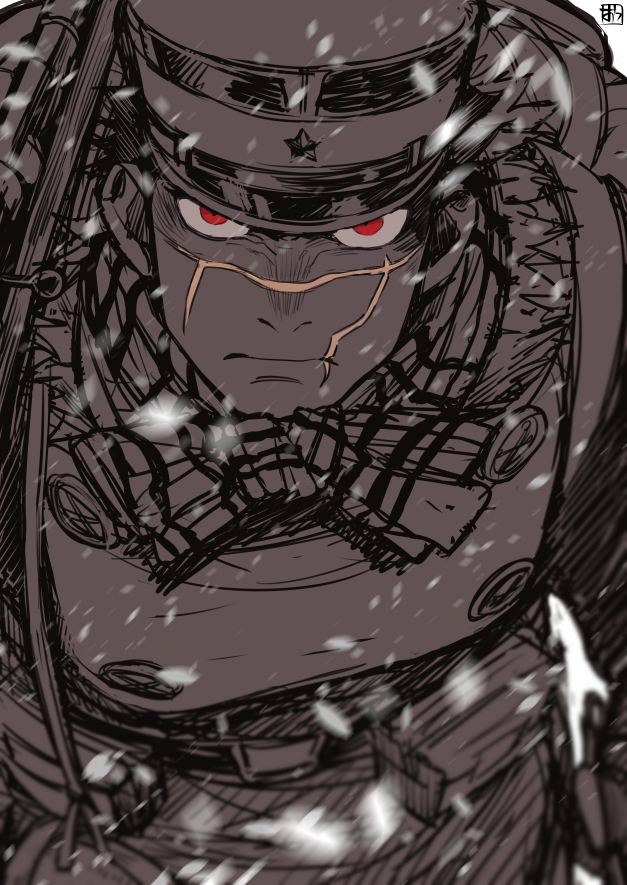 1boy angry arisaka bolt_action brown_theme coat frown golden_kamuy gun hat looking_at_viewer male_focus military_hat monochrome onnomono red_eyes rifle scar scar_on_cheek scar_on_face scar_on_mouth scar_on_nose scarf short_hair snowing solo spot_color sugimoto_saichi weapon