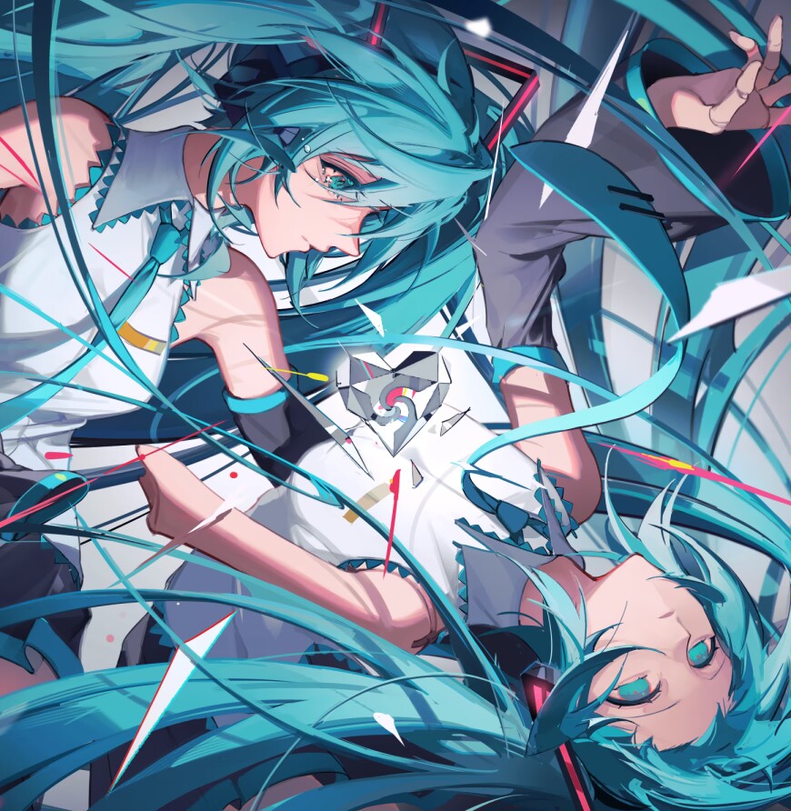 2girls amputee arm_around_waist bending_backward black_sleeves blue_eyes blue_necktie breasts clone closed_mouth collared_shirt cowboy_shot crying crying_with_eyes_open detached_sleeves doll_joints empty_eyes floating_hair hair_ornament hatsune_miku heart joints long_hair long_sleeves looking_at_another medium_breasts missing_limb multiple_girls necktie nyansky parted_lips profile shirt sleeveless sleeveless_shirt tears twintails unknown_mother_goose_(vocaloid) very_long_hair vocaloid white_shirt