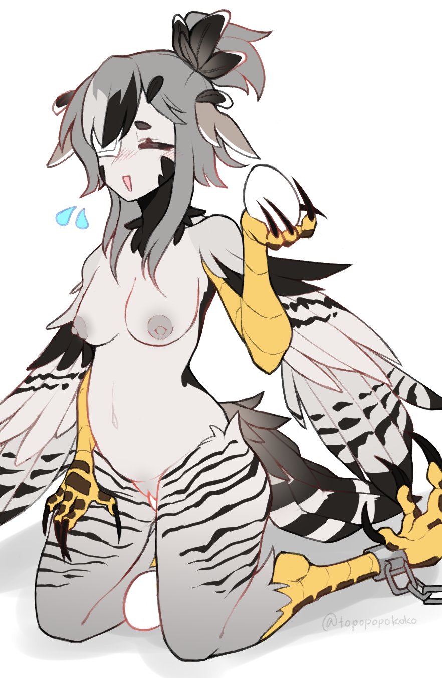 1girl bird_legs bird_tail black_feathers blush breasts claws closed_eyes commentary cuffs egg egg_laying english_commentary eyepatch feathered_wings feathers flying_sweatdrops grey_feathers grey_hair grey_wings hair_up harpy head_wings highres holding holding_egg inverted_nipples medical_eyepatch medium_breasts monster_girl navel nude open_mouth orange_eyes original pussy shackles short_hair_with_long_locks sidelocks simple_background solo tail topopopokoko twitter_username uncensored white_background winged_arms wings