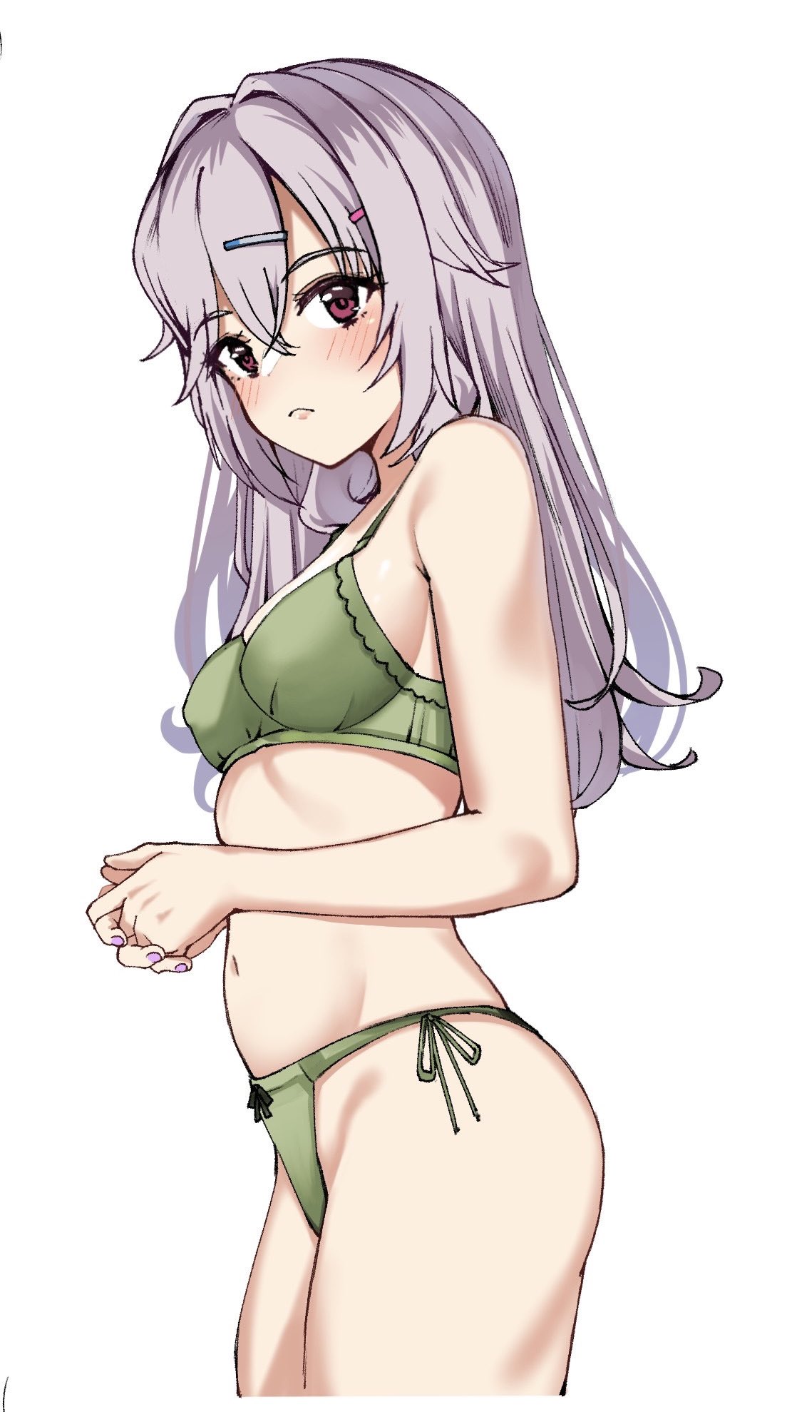 1girl backboob bare_arms bikini blush breasts closed_mouth commentary cowboy_shot cropped_legs crossed_bangs eyelashes from_side frown green_bikini grey_hair hair_between_eyes hair_intakes hair_ornament hairclip hands_up highres kinoshita_kaede long_hair looking_at_viewer nail_polish navel own_hands_together purple_nails red_eyes side-tie_bikini_bottom simple_background sketch small_breasts solo swimsuit tenshi_souzou_re-boot! tft_(tft7822) tsurime white_background