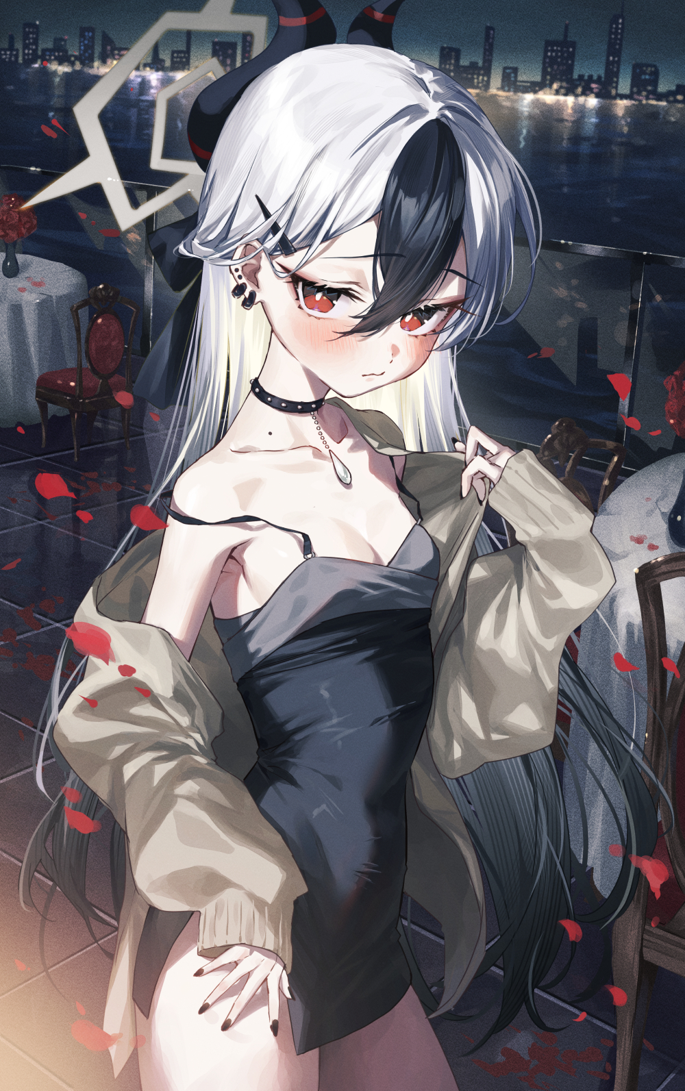 1girl balcony bare_shoulders black_choker black_dress black_hair black_horns black_nails blue_archive blush breasts chair choker closed_mouth cowboy_shot demon_horns dress grey_halo grey_jacket hair_between_eyes halo highres horns jacket kayoko_(blue_archive) kayoko_(dress)_(blue_archive) long_hair long_sleeves looking_at_viewer misekiss multicolored_hair night off_shoulder official_alternate_costume open_clothes open_jacket petals railing red_eyes scenery small_breasts solo standing table two-tone_hair white_hair