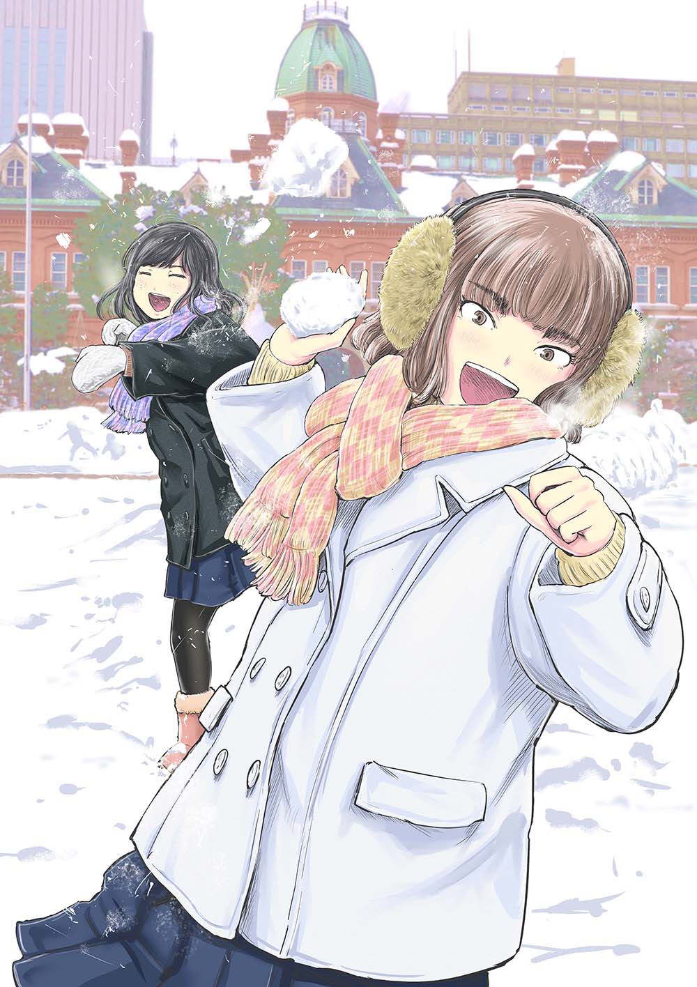 2girls :d black_coat black_hair black_pantyhose blue_scarf blue_skirt brown_eyes brown_footwear brown_hair coat day earmuffs highres laughing medium_hair mittens mou_ippon! multiple_girls muraoka_yuu nagumo_anna outdoors pantyhose scarf skirt smile snow snowball throwing white_coat white_mittens winter yellow_scarf