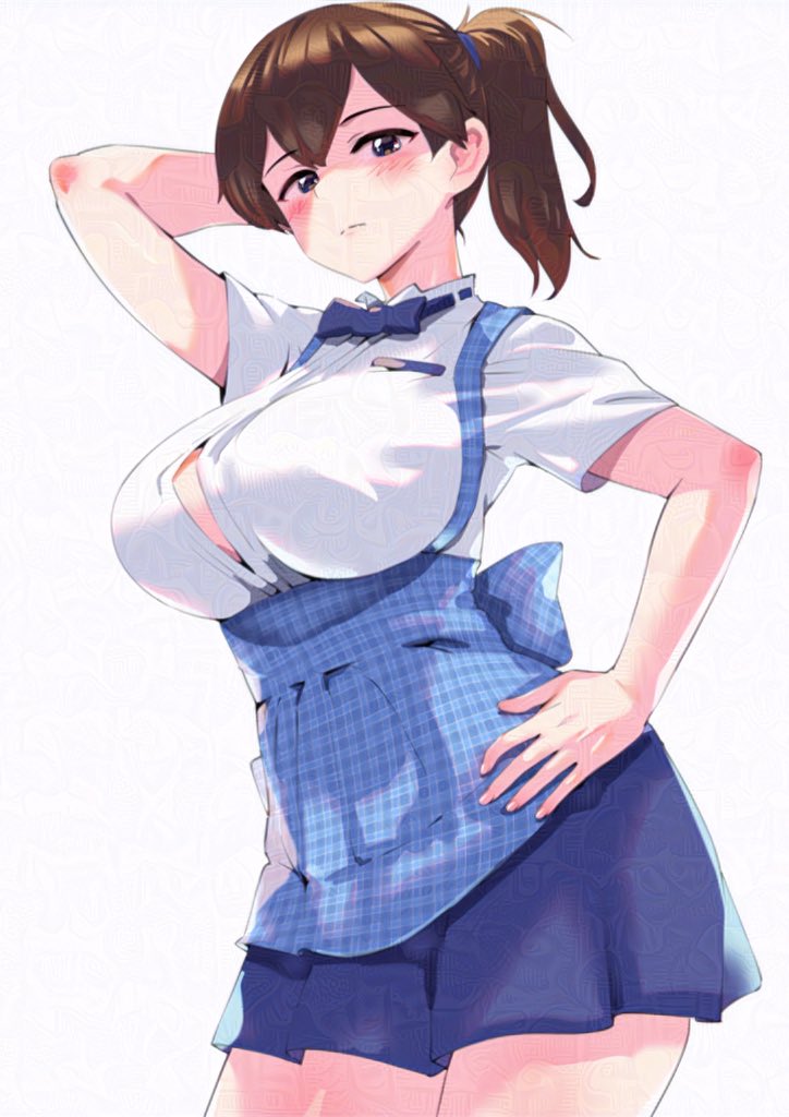 1girl alternate_costume apron asava_(hutaitenn) blue_apron blue_bow blue_bowtie bow bowtie breasts brown_eyes brown_hair collared_shirt dress_shirt employee_uniform gingham_apron hand_on_own_hip kaga_(kancolle) kantai_collection kobeya_uniform large_breasts long_hair open_clothes open_shirt plaid plaid_apron pleated_shirt shirt side_ponytail simple_background solo uniform waitress white_background white_shirt