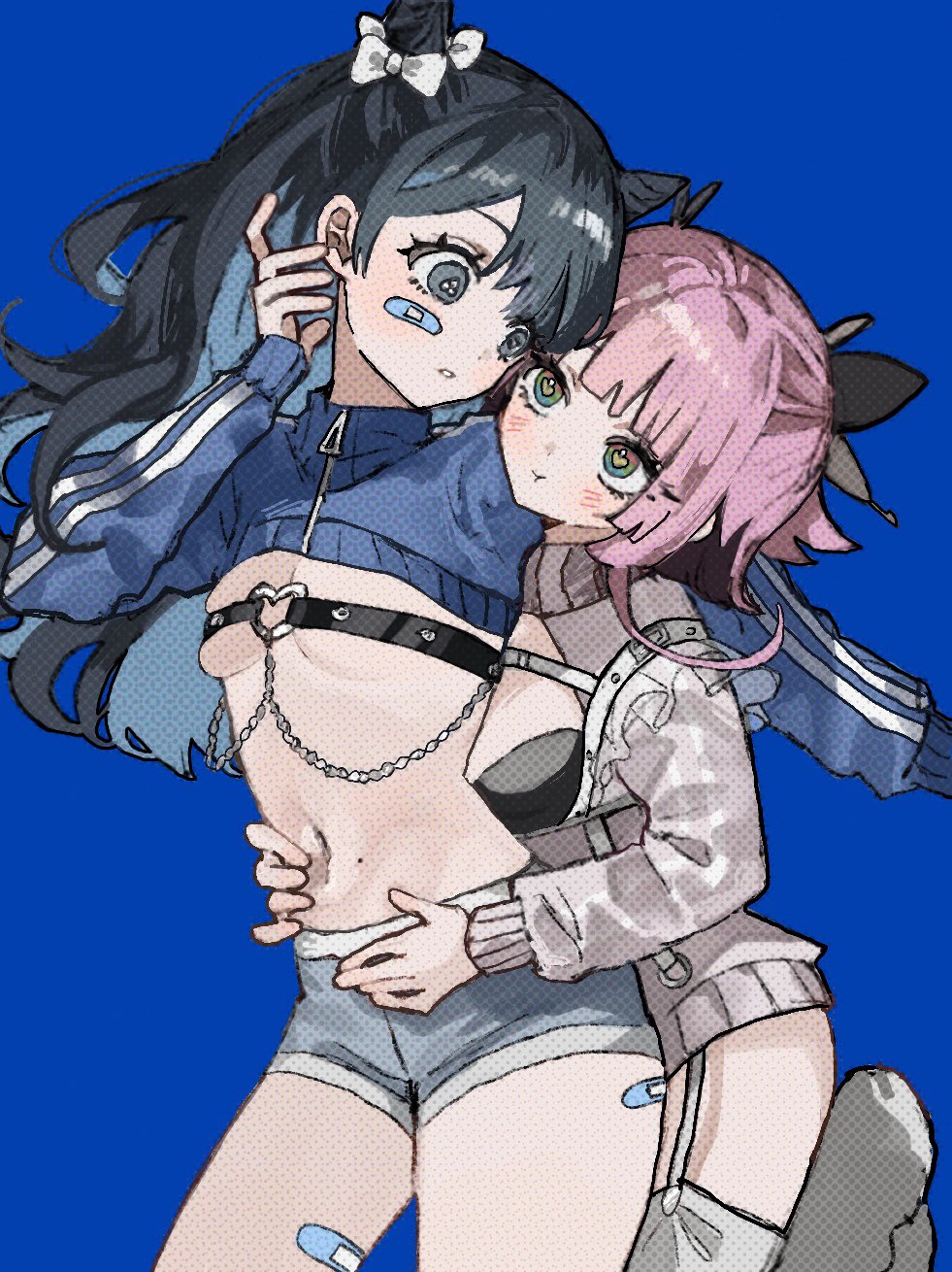 2girls :t bandaid bandaid_on_face bandaid_on_thigh belt belt_bra black_bra black_hair blue_background blue_hair blue_jacket blush bow bra breasts colored_inner_hair commentary cone_hair_bun cowboy_shot cropped_jacket garter_straps hair_bow hair_bun hands_on_another's_stomach heart heart_in_eye heart_o-ring highres hug hug_from_behind inu_totemo jacket long_sleeves looking_at_another mole mole_on_stomach multicolored_hair multiple_girls navel o-ring o-ring_belt original parted_lips pink_hair puffy_long_sleeves puffy_sleeves simple_background small_breasts symbol-only_commentary symbol_in_eye thighs two-tone_hair underwear white_bow
