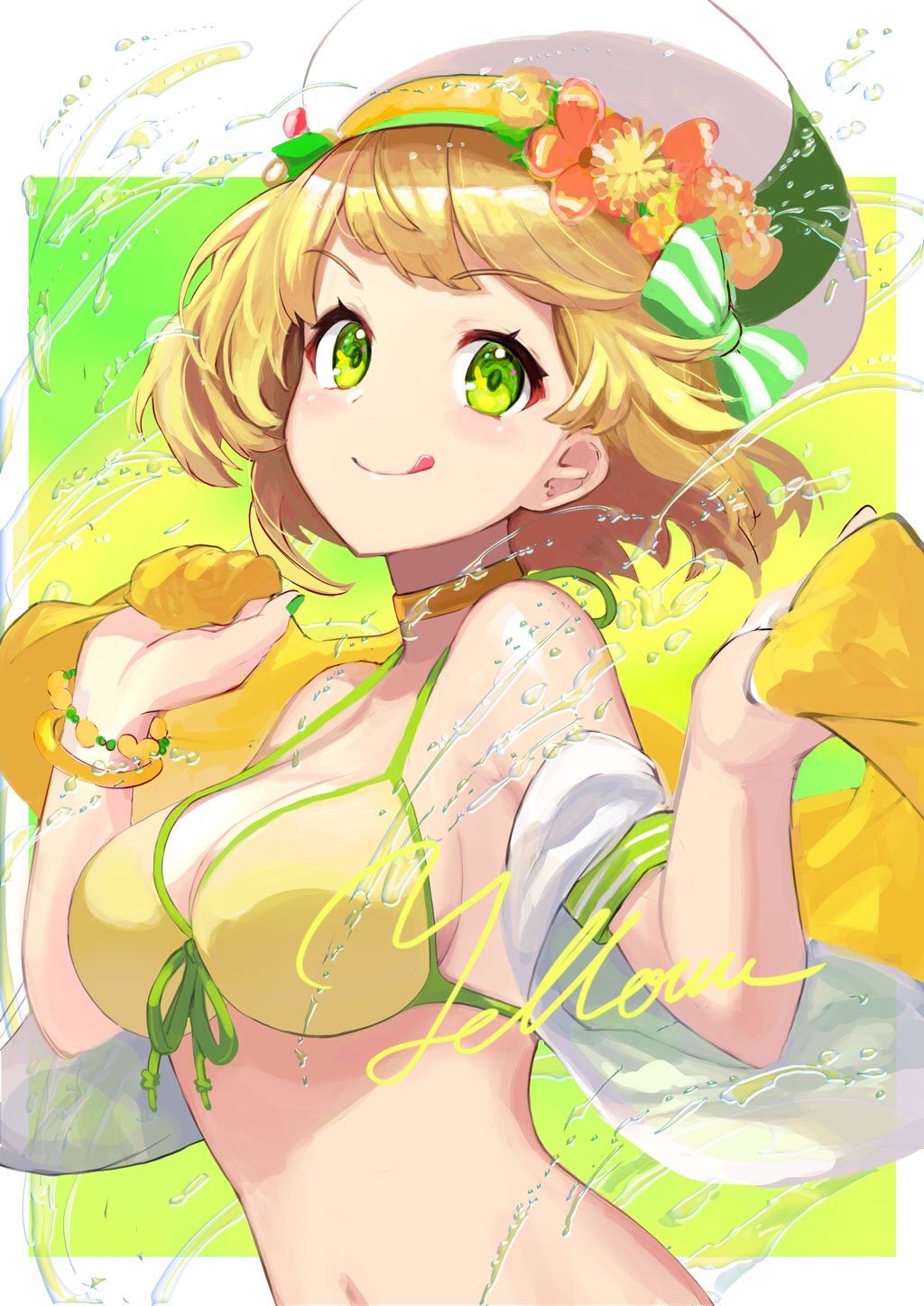 1girl :q bangs bare_shoulders bikini blonde_hair blush bracelet breasts choker cleavage closed_mouth eyebrows_visible_through_hair flower front-tie_bikini front-tie_top gradient gradient_background green_eyes green_nails green_ribbon hair_flower hair_ornament highres holding holding_towel jewelry looking_at_viewer medium_breasts nail_polish orange_choker orange_flower original ribbon short_hair smile solo swimsuit tareme tongue tongue_out towel upper_body water white_headwear yellow_bikini