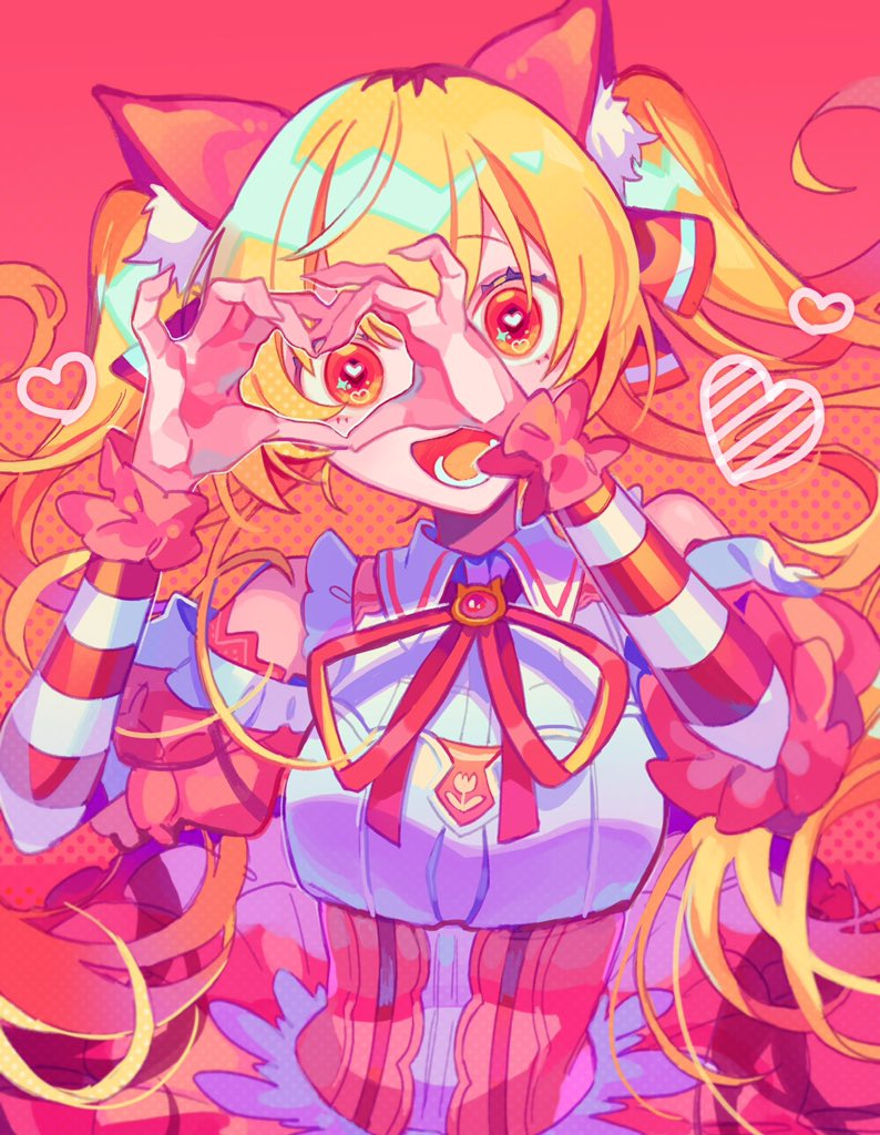 1girl animal_ears bare_shoulders blonde_hair bright_pupils cat_ears collared_shirt detached_sleeves fake_animal_ears frilled_shirt frilled_sleeves frills heart heart-shaped_pupils heart_hands himanemuitoma ienaga_mugi layered_sleeves long_hair long_sleeves looking_at_viewer lower_teeth_only neck_ribbon nijisanji open_mouth puffy_short_sleeves puffy_sleeves red_background red_ribbon red_sleeves red_trim ribbon shirt short_over_long_sleeves short_sleeves sleeveless sleeveless_shirt smile solo striped_sleeves symbol-shaped_pupils teeth twintails white_pupils white_sleeves