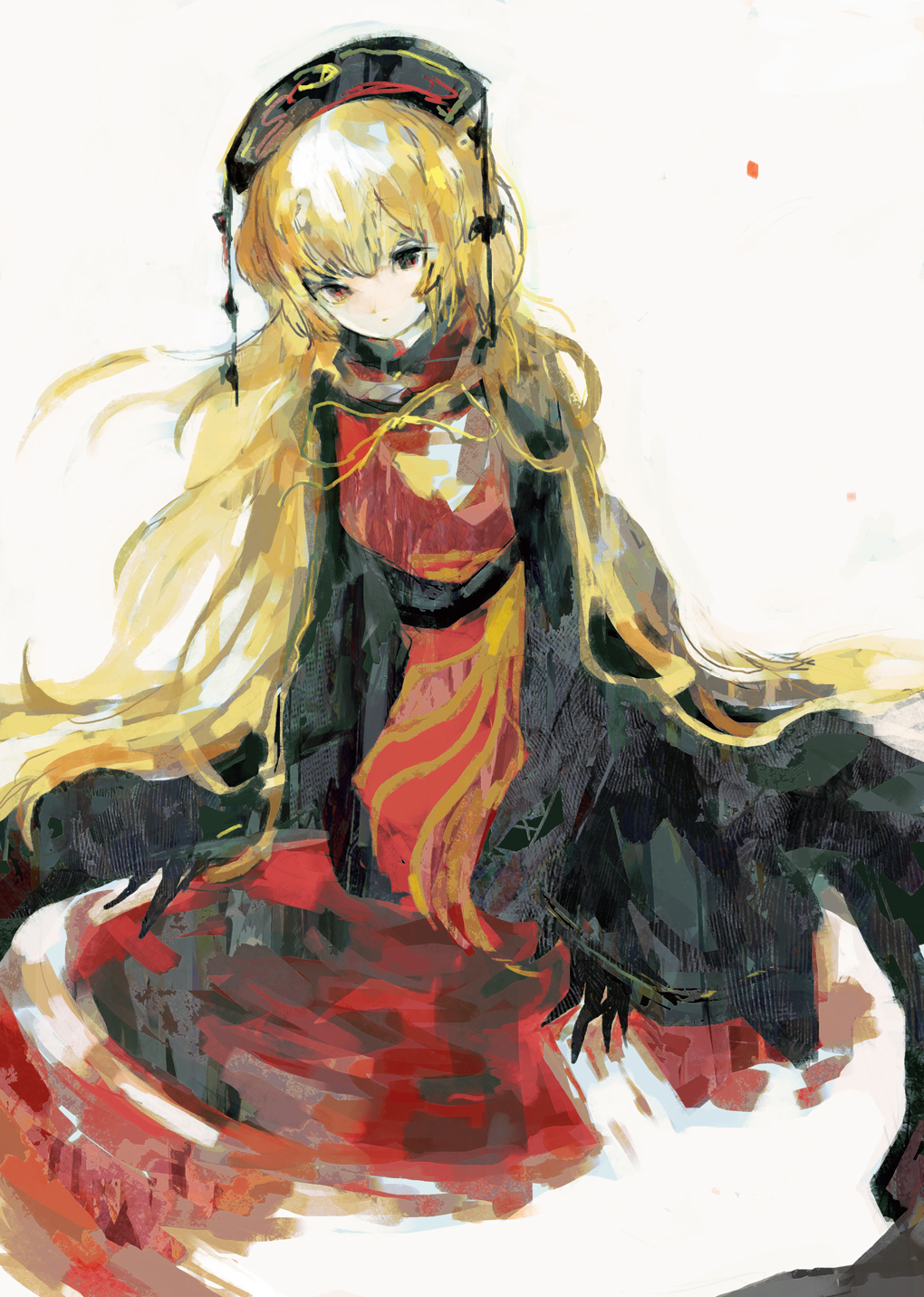 1girl anabone animal_print belt bird_print black_belt black_dress black_hands black_headwear blonde_hair blood blood_on_ground chinese_clothes closed_mouth crescent crescent_print dress english_commentary hair_between_eyes hat highres junko_(touhou) long_hair long_sleeves looking_at_viewer mandarin_collar neck_ribbon phoenix_crown phoenix_print pom_pom_(clothes) red_eyes red_tabard ribbon simple_background sitting solo tabard tassel touhou very_long_hair white_background wide_sleeves yellow_ribbon