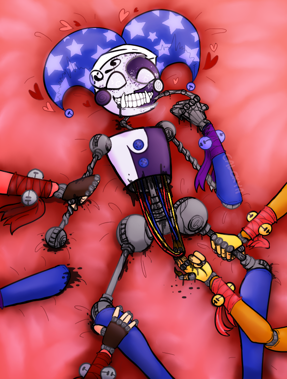 animatronic bedding bell bodily_fluids caloxya clothing daycare_attendant_(fnaf) detachable_arms disassembled dripping drooling eclipse_(fnaf) endoskeleton fangs five_nights_at_freddy's five_nights_at_freddy's:_security_breach fool's_hat gore grin group hat headgear headwear hearts_around_head holding_arm holding_leg humanoid jester leaking looking_down looking_pleasured lying machine male male/male moon_(fnaf) oil oil_stain oily on_back robophilia robot robot_gore robot_joints saliva scottgames smile steel_wool_studios sun_(fnaf) teeth trio tusks wire_play wraps wrist_wraps