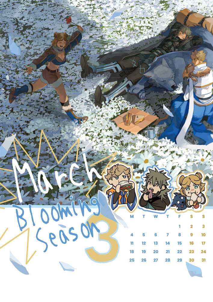 1girl 2boys armored_boots belt black_belt black_footwear blonde_hair blue_coat blue_eyes blue_footwear blue_jacket bodysuit boots breasts brown_shorts calendar_(medium) cardinal_(ragnarok_online) chest_harness chibi chibi_inset chinese_commentary cleavage closed_eyes closed_mouth coat commentary_request dated_commentary day double_bun eating field flower flower_field food full_body golden_wings grey_bodysuit grey_hair hair_between_eyes hair_bun harness holding holding_flower holding_food jacket long_bangs looking_at_another looking_to_the_side lying march medium_breasts midriff multiple_boys on_back onigiri open_mouth ragnarok_online red_flower running sandwich shadow_cross_(ragnarok_online) shorts shrug_(clothing) sitting sleeping smile thigh_boots white_flower white_jacket wind_hawk_(ragnarok_online) wolf z.i