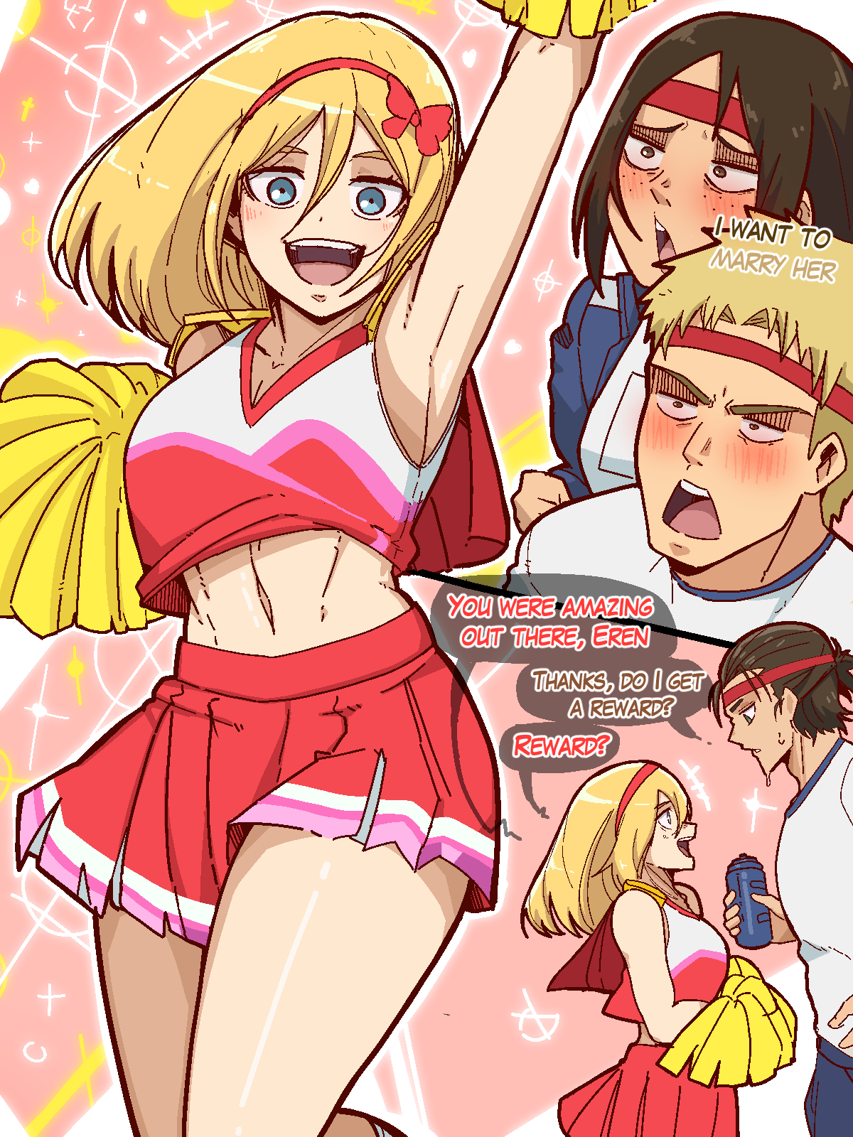 2boys 2girls alternate_costume armpits bandana blonde_hair blue_eyes blush bottle breasts brown_eyes brown_hair cheerleader cropped_shirt english_text eren_yeager freckles green_eyes hair_ribbon headband highres krista_lenz large_breasts long_hair mark_gavatino medium_hair multiple_boys multiple_girls multiple_views open_mouth pleated_skirt pom_pom_(cheerleading) red_headband red_skirt reiner_braun ribbon shingeki_no_kyojin shirt short_hair skirt sleeveless sleeveless_shirt smile speech_bubble sweat teeth thighs upper_teeth_only water_bottle white_shirt ymir_(shingeki_no_kyojin)