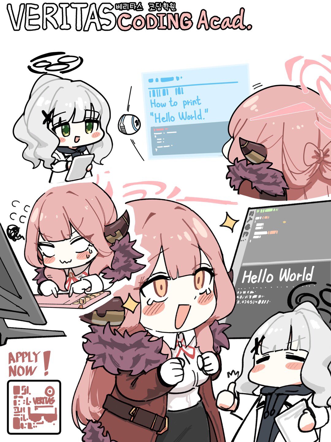 2girls =_= aru_(blue_archive) blue_archive blush demon_horns drone eggrice_v english_text grey_hair halo hare_(blue_archive) highres hologram horns korean_commentary monitor multiple_girls multiple_views pink_hair programming_(topic) shirt smile tears thumbs_up typing white_shirt