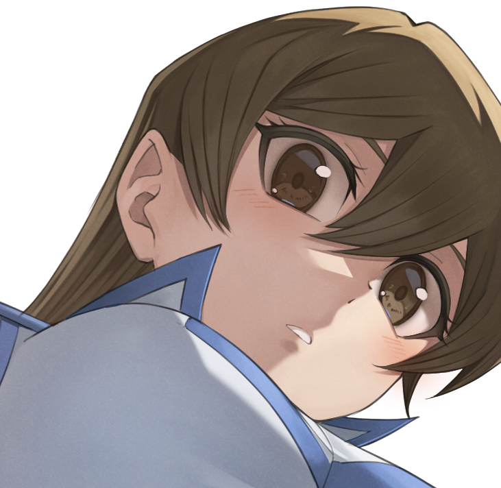 1girl blush breasts brown_eyes brown_hair close-up duel_academy_uniform_(yu-gi-oh!_gx) from_below hair_between_eyes jacket large_breasts long_hair looking_at_viewer parted_lips popped_collar portrait rourou_ill solo straight_hair tenjouin_asuka upper_body white_background white_jacket yu-gi-oh! yu-gi-oh!_gx