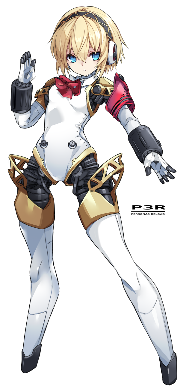 1girl aegis_(persona) android armband blonde_hair blue_eyes commentary_request copyright_name finger_gun full_body highres joints karukan_(monjya) looking_at_viewer no_feet persona persona_3 persona_3_reload robot_girl robot_joints short_hair solo tachi-e white_background