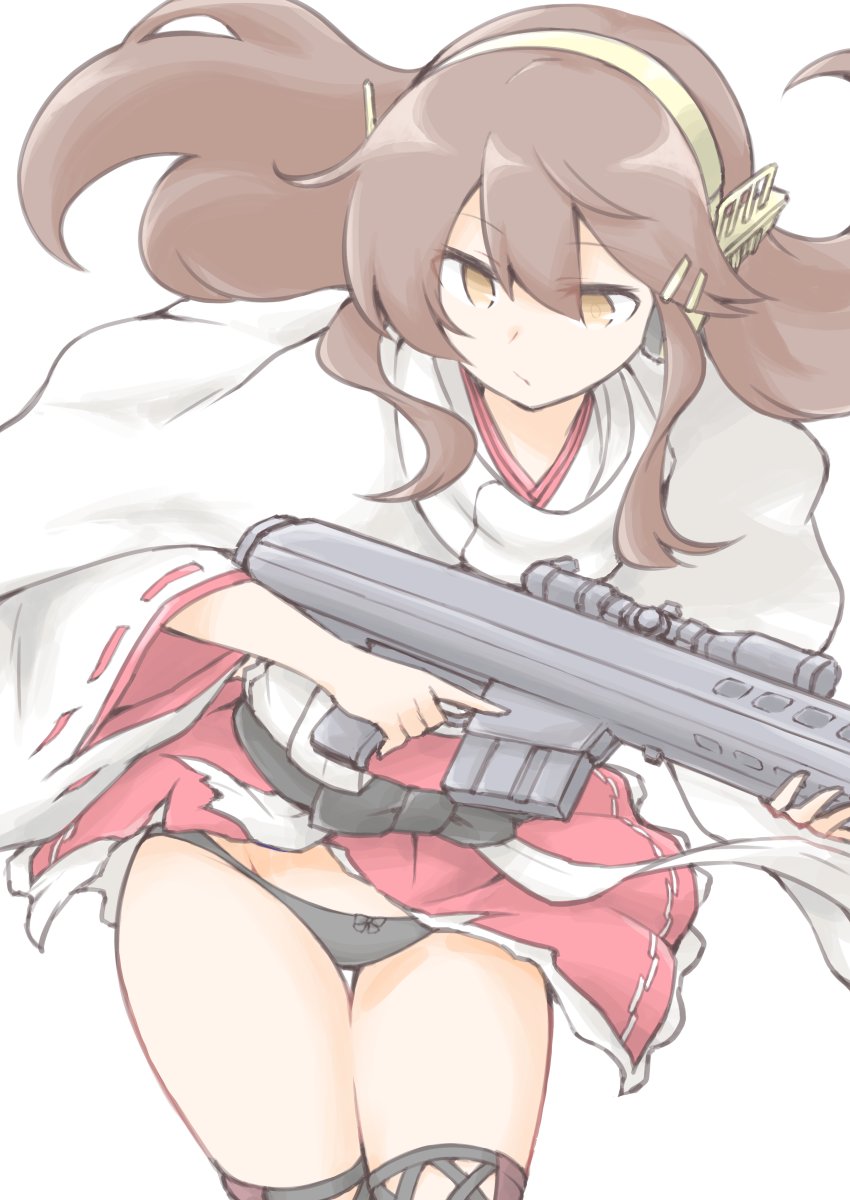 1girl akara_kai bare_shoulders battle_rifle black_hair black_panties blush breasts brown_eyes detached_sleeves gun hair_between_eyes hair_ornament hairband hairclip haruna_(kancolle) haruna_kai_ni_(kancolle) headgear highres japanese_clothes kantai_collection long_hair nontraditional_miko panties red_skirt ribbon-trimmed_sleeves ribbon_trim rifle scarf skirt smile solo thighhighs underwear weapon white_background