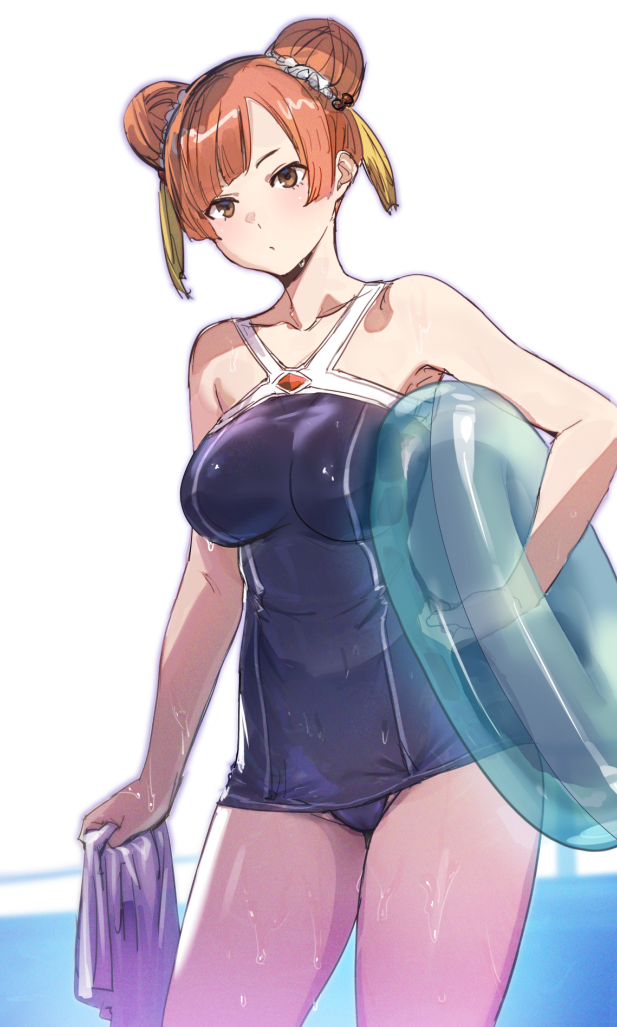 1girl blue_one-piece_swimsuit bow_(bhp) breasts brown_eyes brown_hair collarbone commentary_request double_bun hair_bun holding holding_towel laufen_(sousou_no_frieren) medium_breasts one-piece_swimsuit short_hair simple_background solo sousou_no_frieren standing swimsuit thighs towel wet wet_clothes wet_swimsuit white_background