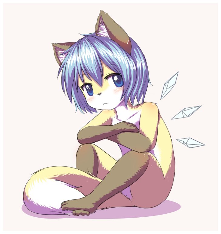alternate_species anthro blue_eyes blue_hair blush border canid canine cirno cub female flat_chested fox fur furrification hair kemono mammal mcsadat nude short_hair simple_background sitting solo touhou video_games white_background white_border yellow_body yellow_fur young