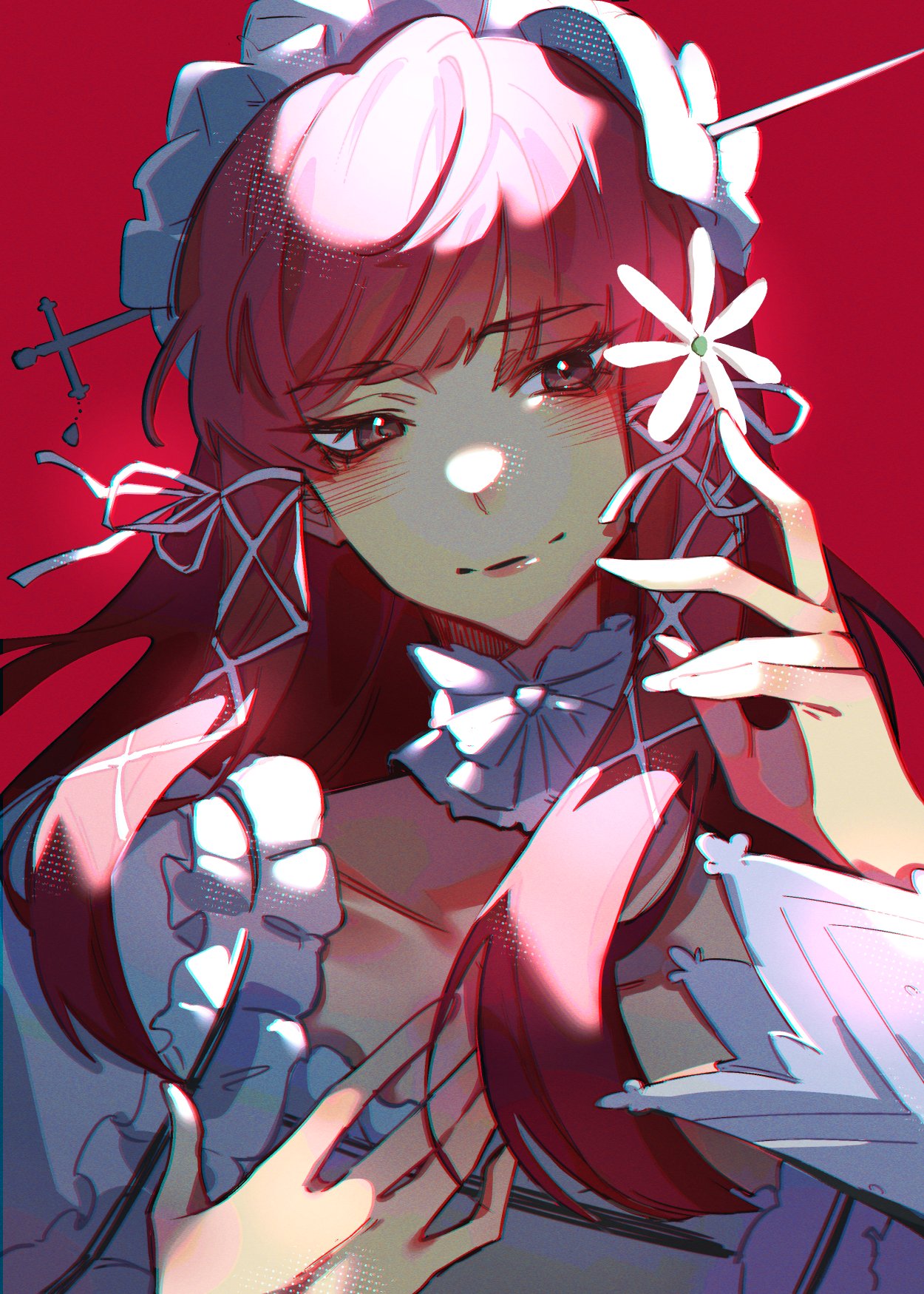 1girl blunt_bangs blush closed_mouth collar collarbone detached_collar dress emi_star flower frilled_collar frilled_hairband frills hair_flower hair_ornament hair_ribbon hairband hand_up highres light_smile long_hair long_sleeves persona persona_3 red_hair ribbon sidelocks solo upper_body white_dress white_hairband white_ribbon yoshino_chidori