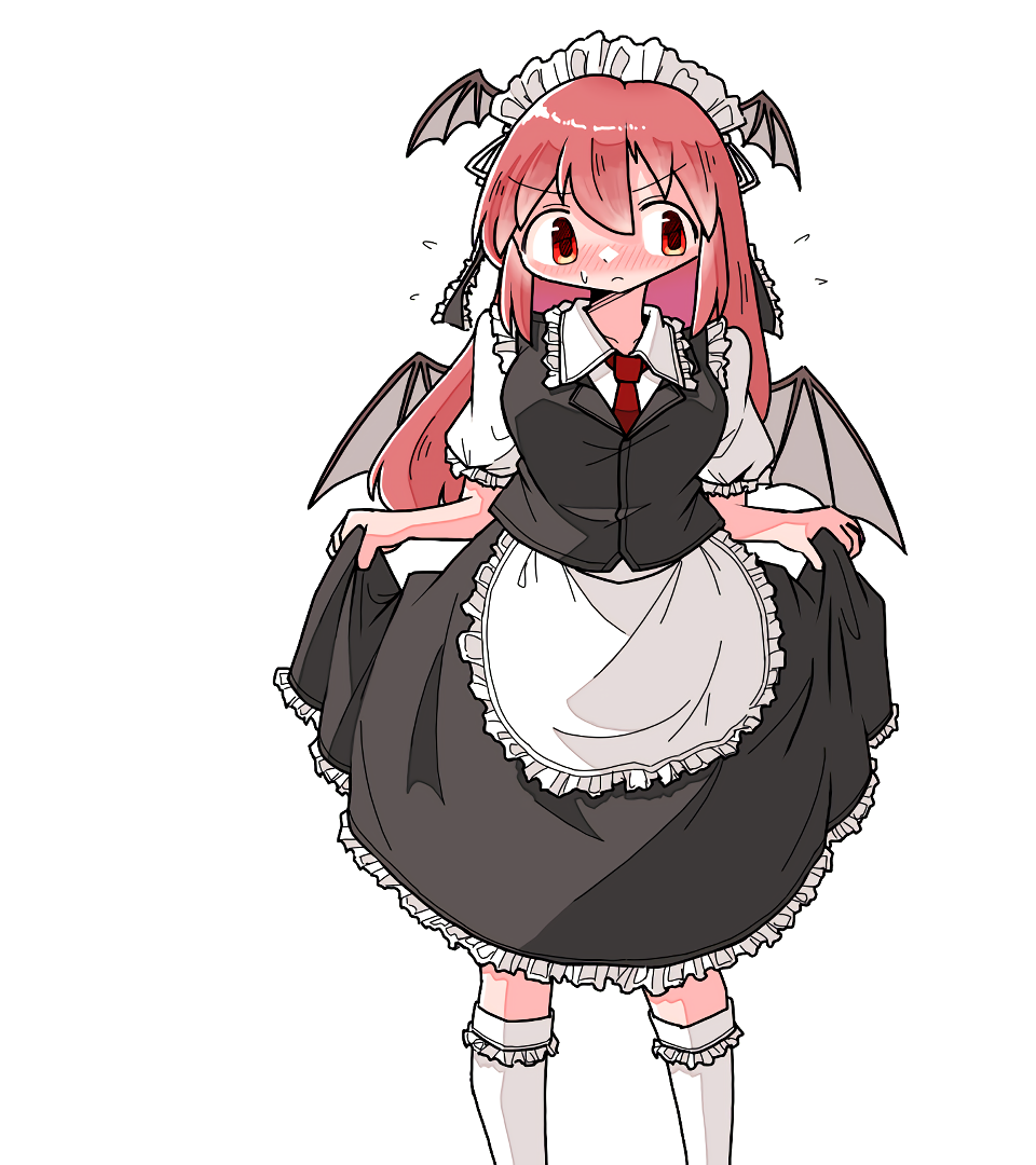 1girl adapted_costume alternate_costume apron bat_wings black_vest blush collared_shirt commentary_request cowboy_shot curtsey dot_nose enmaided flying_sweatdrops frilled_apron frilled_ribbon frilled_shirt frilled_skirt frilled_socks frills frown hair_between_eyes hair_ribbon head_wings kasuya_baian kneehighs koakuma long_hair looking_to_the_side maid maid_apron maid_headdress necktie nose_blush puffy_short_sleeves puffy_sleeves red_eyes red_hair red_necktie ribbon shirt short_sleeves sidelocks simple_background skirt socks standing standing_on_one_leg touhou v-shaped_eyebrows vest waist_apron white_background white_socks wide_face wings zettai_ryouiki