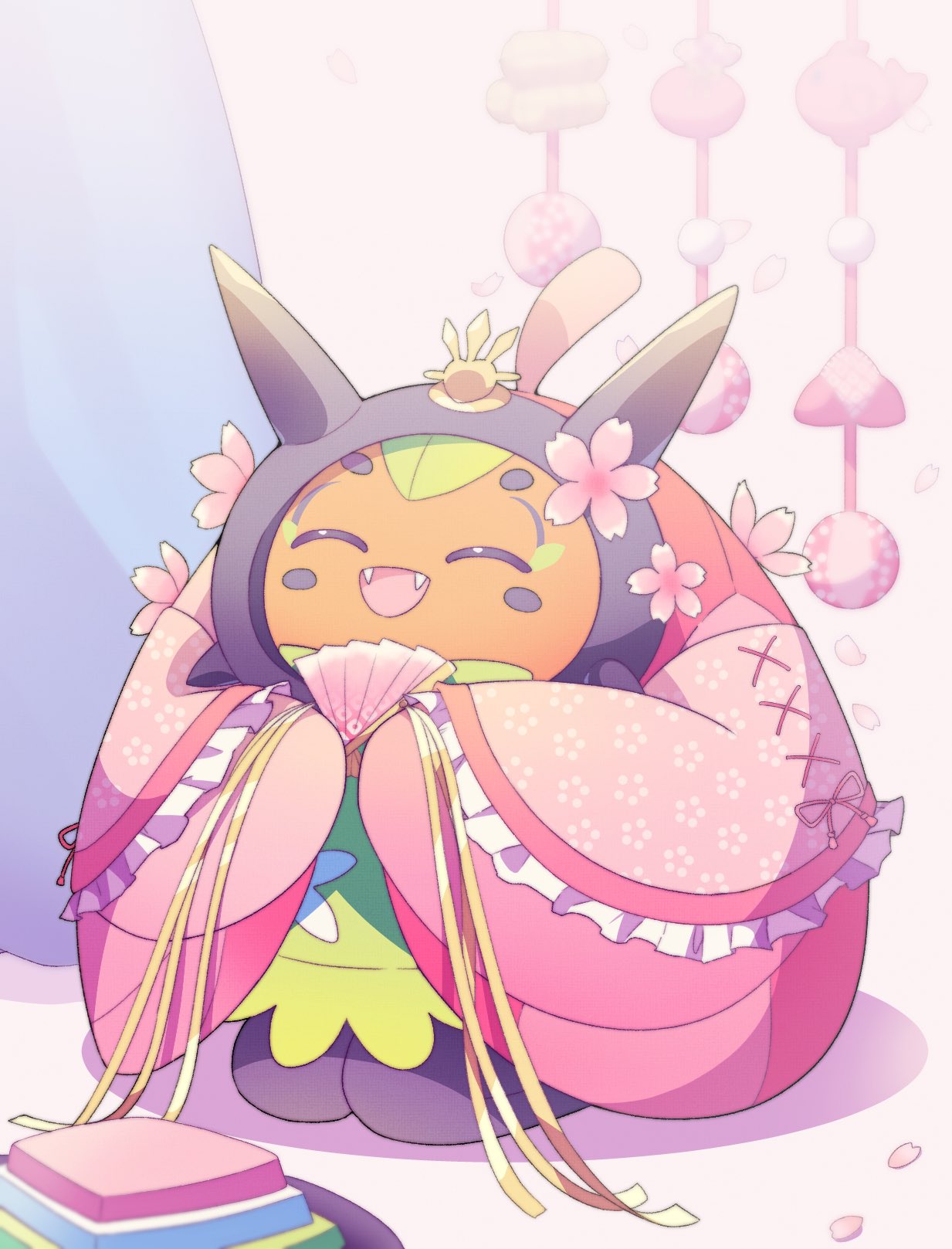 closed_eyes fangs folding_fan hair_ornament hand_fan highres hinamatsuri hirabitai holding holding_fan japanese_clothes kimono kuroi_b no_humans ogerpon open_mouth pink_kimono pokemon pokemon_(creature) pokemon_sv smile solo