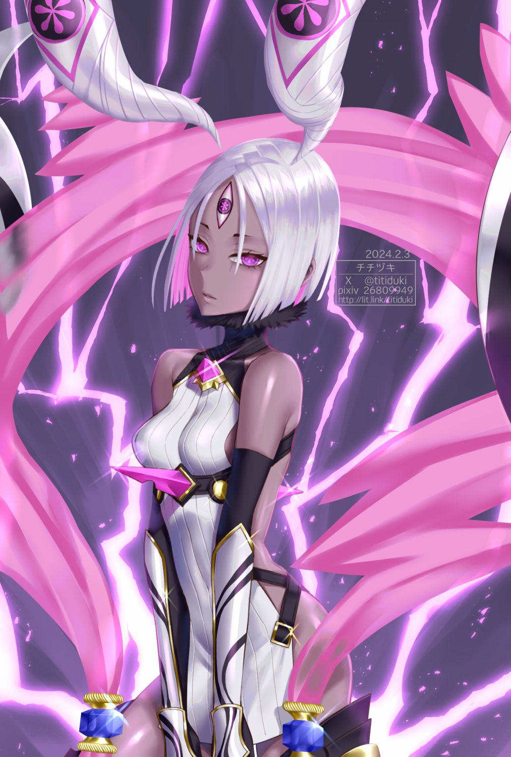 1girl artist_name backless_outfit breasts colored_inner_hair commentary_request cowboy_shot crystal dark-skinned_female dark_skin dated drill_hair electricity fate/grand_order fate_(series) highres multicolored_hair pink_eyes pink_hair small_breasts solo third_eye titiduki_(manman-ya) turtleneck twin_drills twitter_username two-tone_hair ushi_gozen_(avenger)_(fate) ushi_gozen_(avenger)_(third_ascension)_(fate) ushi_gozen_(fate) watermark web_address white_hair