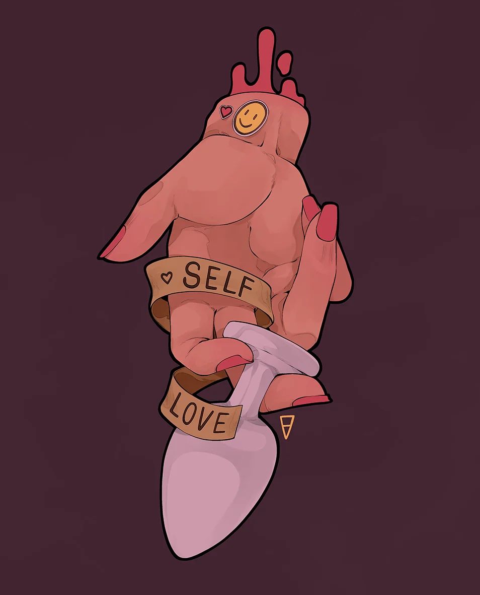 1other artist_logo blood brown_background butt_plug disembodied_limb emmanuel_viola english_text fingernails hand_focus heart_sticker holding italian_commentary nail_polish original pink_nails ribbon severed_hand sex_toy solo sticker_on_arm yellow_ribbon