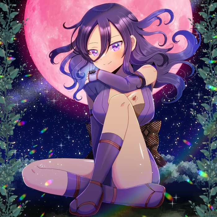 1girl bare_shoulders blush breasts brown_footwear character_request closed_mouth commentary_request commission elbow_gloves fingerless_gloves floating_hair full_body full_moon gloves hair_between_eyes japanese_clothes kimono knee_up kou_hiyoyo large_breasts long_hair looking_at_viewer moon purple_eyes purple_gloves purple_hair purple_kimono purple_socks red_moon samurai_deeper_kyo sandals sitting skeb_commission smile socks solo tabi zouri