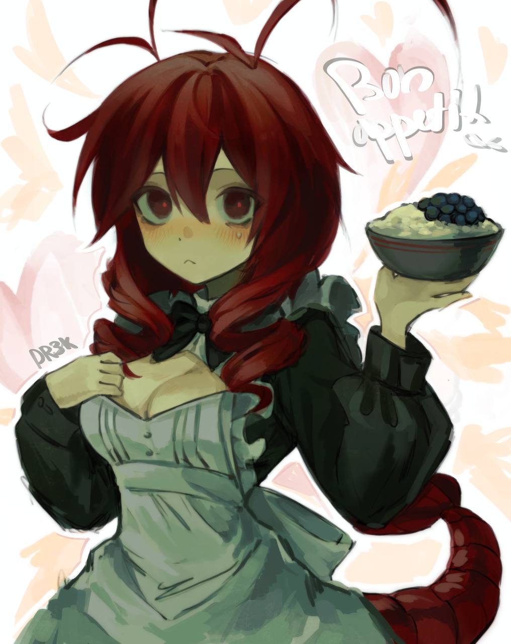 1girl :&lt; antenna_hair apron artist_name black_bow black_bowtie bow bowl bowtie breasts cleavage closed_mouth drek2xme drill_hair french_text funamusea hair_between_eyes hand_on_own_chest highres holding holding_bowl large_breasts lobco_(wadanohara) lobster_girl lobster_tail looking_at_viewer maid maid_apron oounabara_to_wadanohara outline red_eyes red_hair rice rice_bowl solo sweatdrop twin_drills watermark white_outline