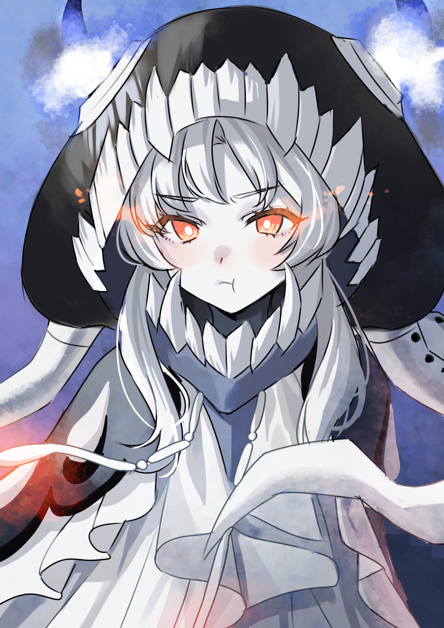 1girl :t abyssal_ship akagi_kurage black_headwear blush cloak colored_skin dress glowing glowing_eyes grey_hair grey_skin highres horns kantai_collection looking_at_viewer new_mass-produced_aircraft_carrier_princess orange_eyes pale_skin pout simple_background solo upper_body white_dress white_hair