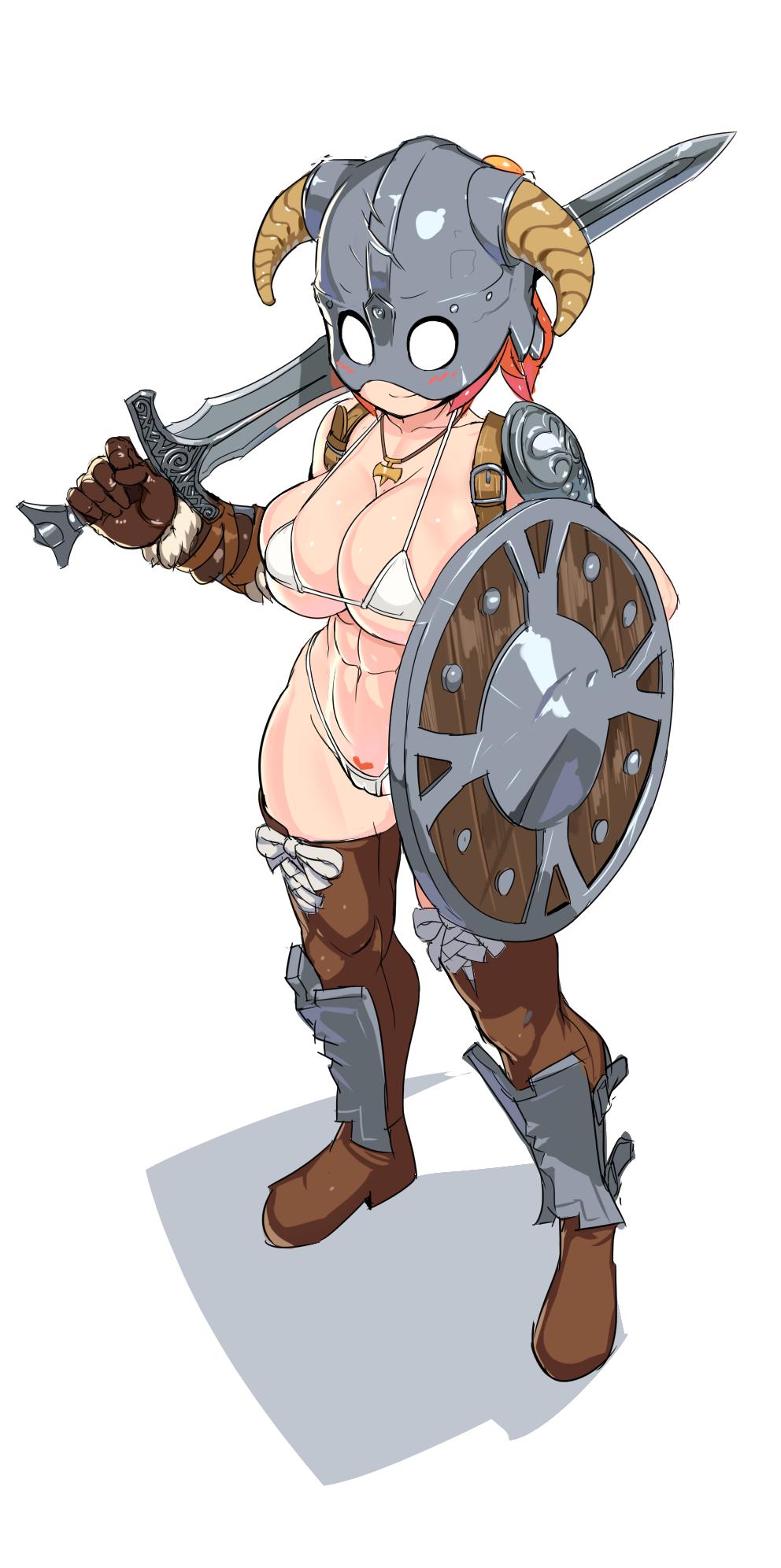 1girl abs amulet armored_boots bikini blush_stickers boots breasts closed_mouth commentary dovahkiin dovakini-chan fake_horns female_pubic_hair full_body gauntlets helmet highres holding holding_shield holding_sword holding_weapon horned_helmet horns jewelry large_breasts muscular muscular_female navel necklace nisetanaka no_pupils orange_hair ponytail pubic_hair shield simple_background smile solo stomach string_bikini swimsuit sword symbol-only_commentary the_elder_scrolls the_elder_scrolls_v:_skyrim weapon white_background white_bikini white_eyes