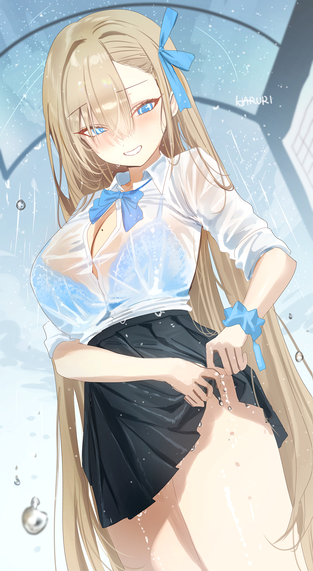1girl artist_name asuna_(blue_archive) asymmetrical_bangs black_skirt blue_archive blue_bow blue_bowtie blue_bra blush bow bowtie bra breasts button_gap cleavage commentary halo haruri highres huge_breasts light_brown_hair long_hair looking_down miniskirt mole mole_on_breast pleated_skirt rain scrunchie shirt shirt_tucked_in skirt smile solo underwear very_long_hair water_drop wet wet_clothes wet_shirt white_shirt wringing_clothes wringing_skirt wrist_scrunchie