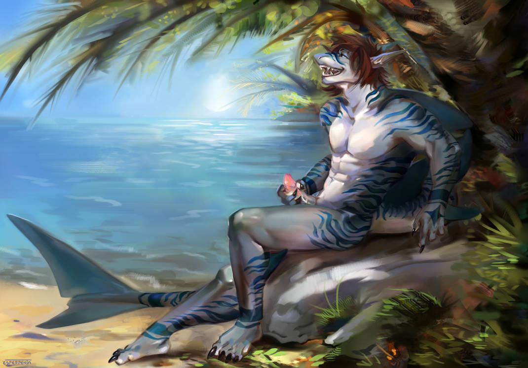 4_fingers 4_toes abs animal_genitalia anthro barefoot beach biped blue_body blue_eyes blue_markings brown_hair claws erection esperpenta feet fin fingers fish furry-specific genitals hair happy highlights_(coloring) keromeiji long_tail male male_focus marine markings masturbation muscular muscular_anthro nude paws pecs penis scaled scales scalie sea shark sitting smile solo solo_focus tail teeth toes water white_body white_penis