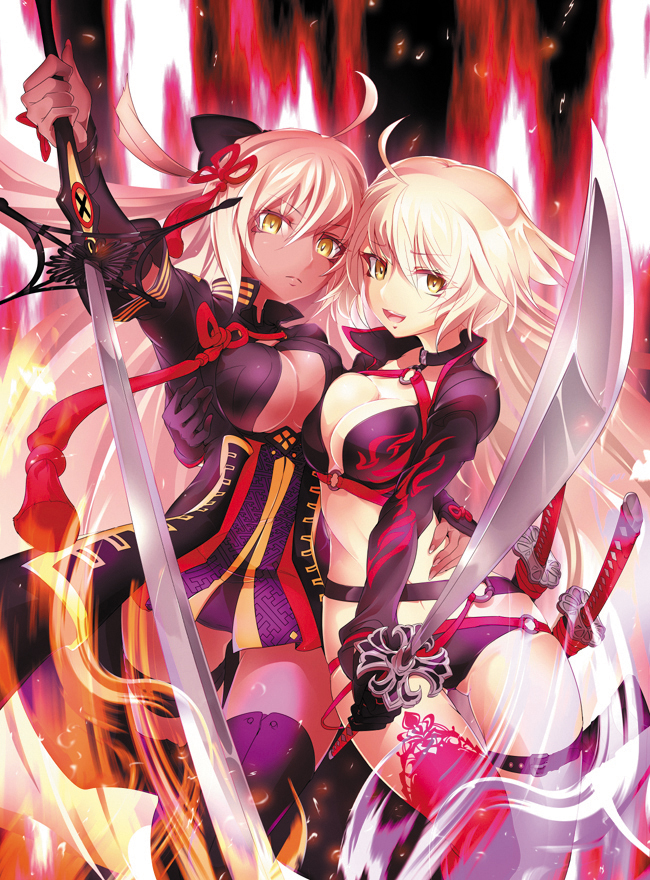2girls ass_visible_through_thighs bikini black_bikini black_bow black_gloves bow breast_press breasts cleavage closed_mouth collarbone dress fate/grand_order fate_(series) floating_hair frown gloves hair_between_eyes hair_bow hair_ribbon holding holding_sword holding_weapon jeanne_d'arc_alter_(fate) jeanne_d'arc_alter_(swimsuit_berserker)_(fate) long_hair long_sleeves looking_at_viewer medium_breasts multiple_girls noriccho! okita_souji_(fate) okita_souji_alter_(fate) open_mouth print_bikini purple_thighhighs red_ribbon ribbon short_dress shrug_(clothing) swimsuit sword symmetrical_docking thigh_gap thigh_strap thighhighs very_long_hair weapon white_hair yellow_eyes