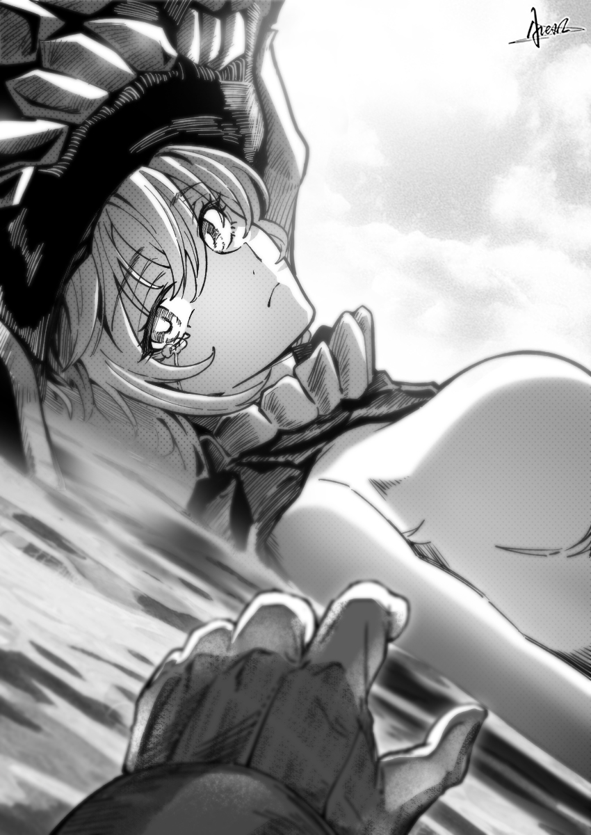 1girl 1other abyssal_ship alexzhang breasts cloud commentary_request crying crying_with_eyes_open eyelashes greyscale hat highres kantai_collection large_breasts looking_at_viewer lying lying_on_water monochrome on_back outdoors pov reaching signature sky solo_focus tears upper_body water wo-class_aircraft_carrier