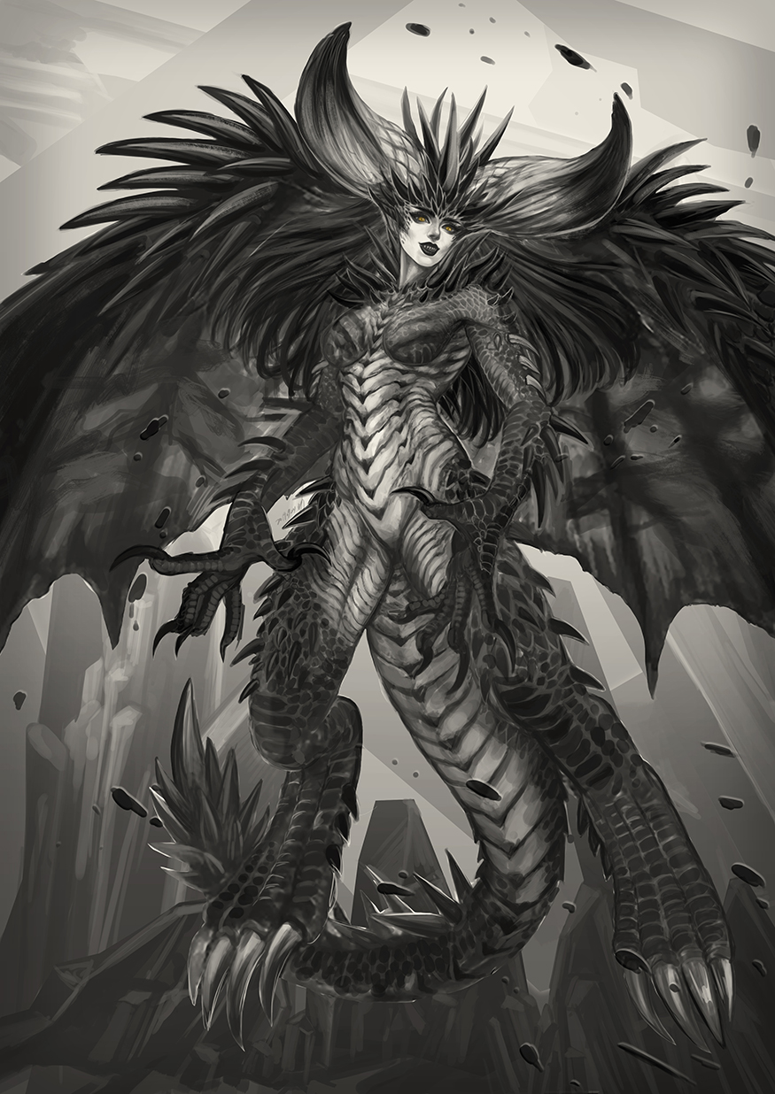 1girl black_hair breasts chinese_commentary clawed_feet clawed_hands commentary_request completely_nude debris demon_horns dragon_claw dragon_girl dragon_tail dragon_wings flying foxtwins full_body greyscale highres horns long_hair looking_at_viewer looking_down medium_breasts monochrome monster_hunter:_world monster_hunter_(series) nergigante no_nipples no_pussy nude personification rock scales sharp_teeth shoulder_spikes smile solo spiked_hair spiked_tail spiked_wings spikes stomach tail teeth wings yellow_eyes