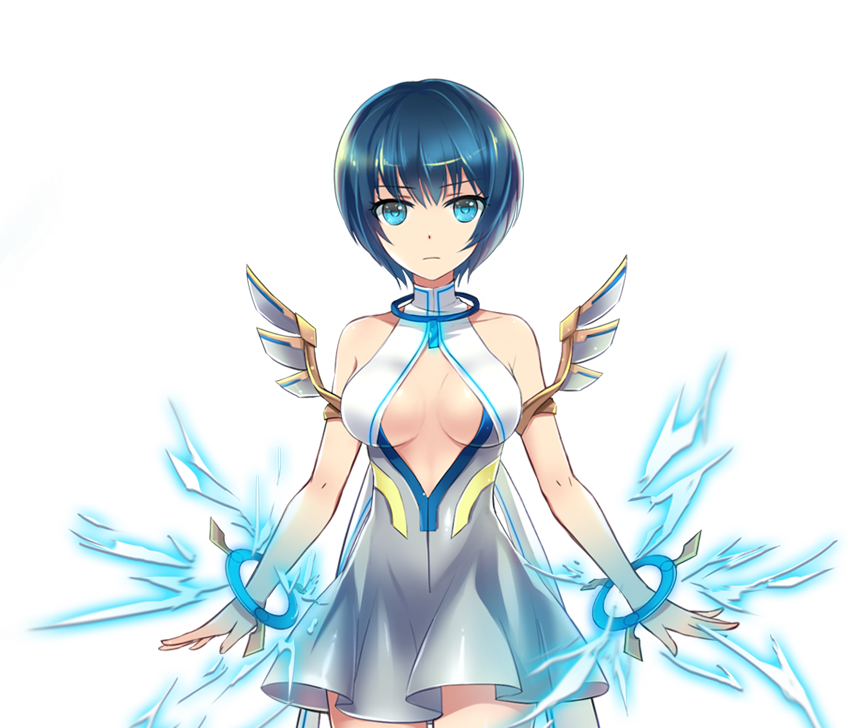 1girl bare_shoulders blue_eyes blue_hair bob_cut breasts breasts_apart center_opening closed_mouth cowboy_shot dot_nose dress electricity game_cg gold_armlet jewelry lightoner_(master_of_eternity) looking_at_viewer master_of_eternity medium_breasts neck_ring non-web_source official_art short_dress short_hair simple_background sleeveless sleeveless_dress sleeveless_turtleneck_dress solo straight-on transparent_background turtleneck white_dress