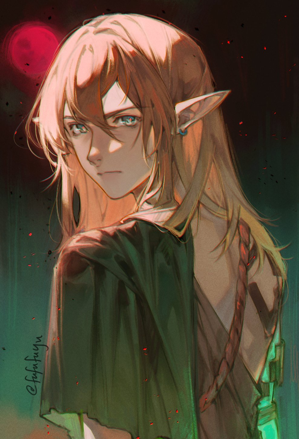 1boy back_tattoo blonde_hair blue_eyes closed_mouth earrings green_sash hair_between_eyes highres jewelry link long_hair looking_at_viewer looking_back male_focus negi_(fufufuyu) pointy_ears sash sidelocks solo tattoo the_legend_of_zelda the_legend_of_zelda:_tears_of_the_kingdom toga twitter_username upper_body